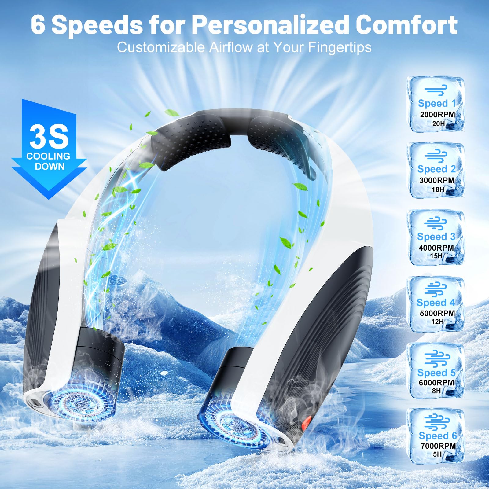 Ventilatore da collo portatile AI con 6 velocità potenti, batteria da 8000mAh, ventilatore ricaricabile USB-C, ventilatore da collo a mani libere con raffreddamento a 360°, girevole, ventilatore