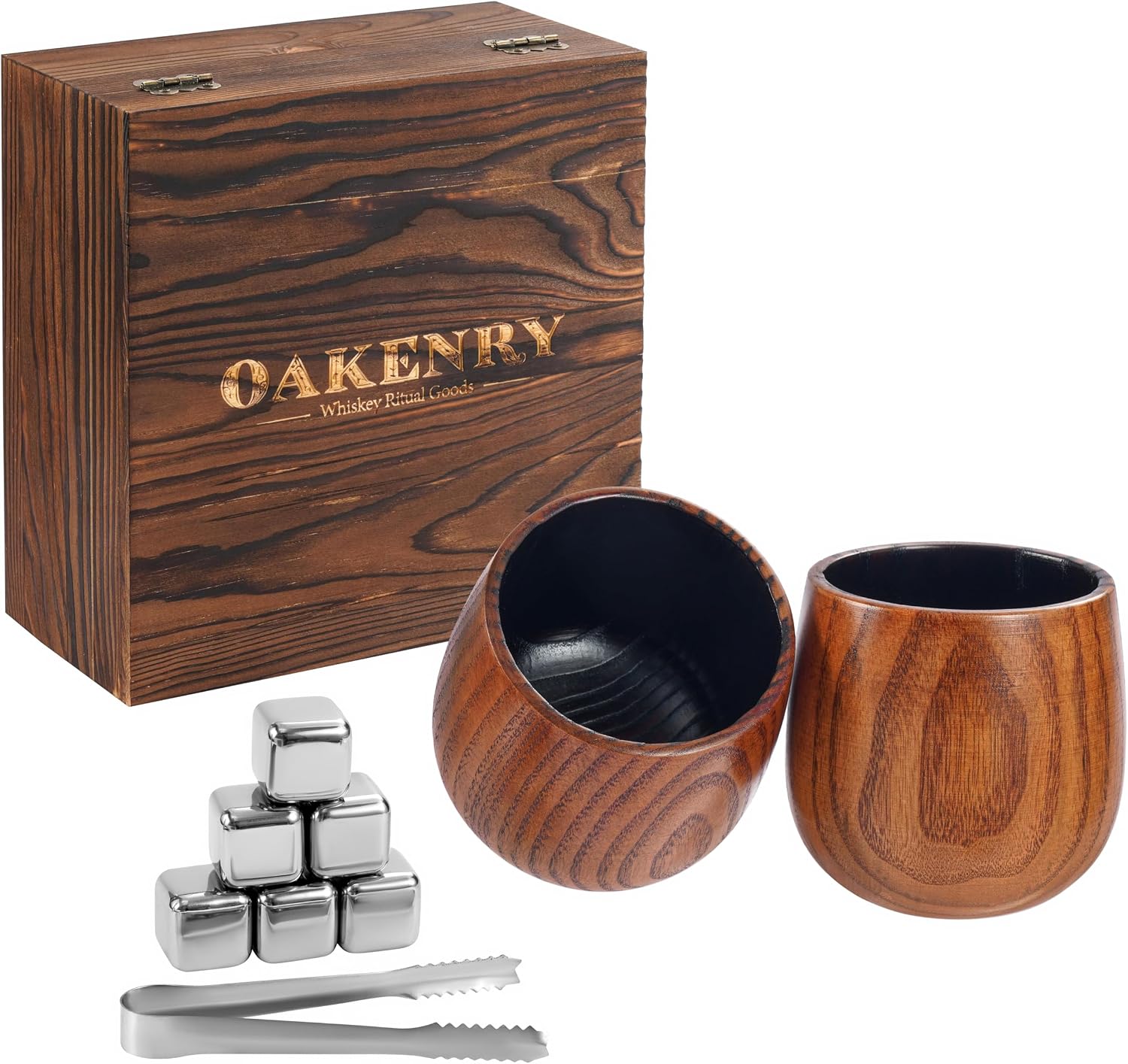 Charred Wooden Bourbon Drinking Glass Set – Oak & Smoke Whiskey Glasses with Stainless Steel Whiskey Stones, Jigger & Coasters – Premium Bourbon Glass Gift for Men – Whiskey Tumbler