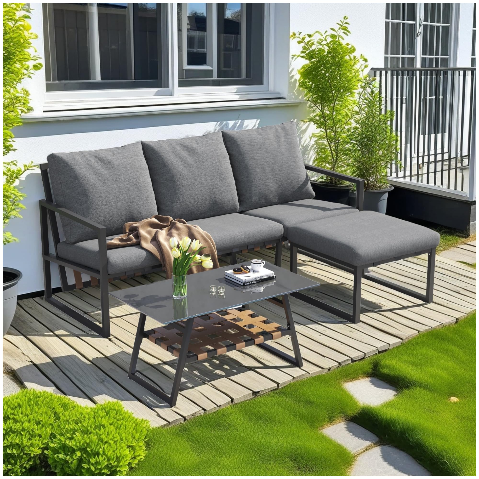 Juego de muebles de jardín, sofás para 4 personas, juego de esquina, sofá + mesa + reposapiés, tubo de acero galvanizado, tablero de cristal, sofá combinado para exteriores, gris