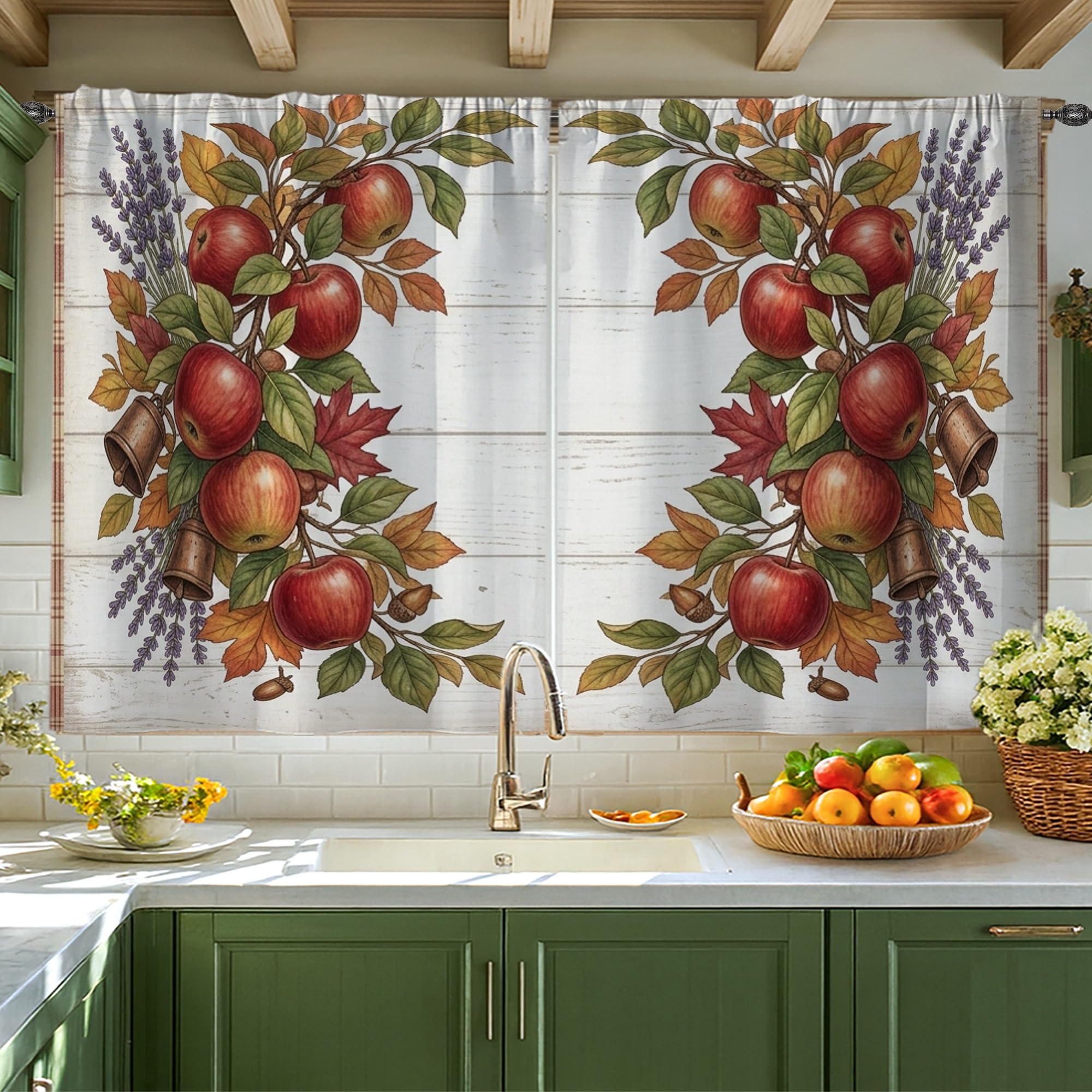 Rideaux rustiques pour petite fenêtre cuisine 106x114 motif fruits clochettes