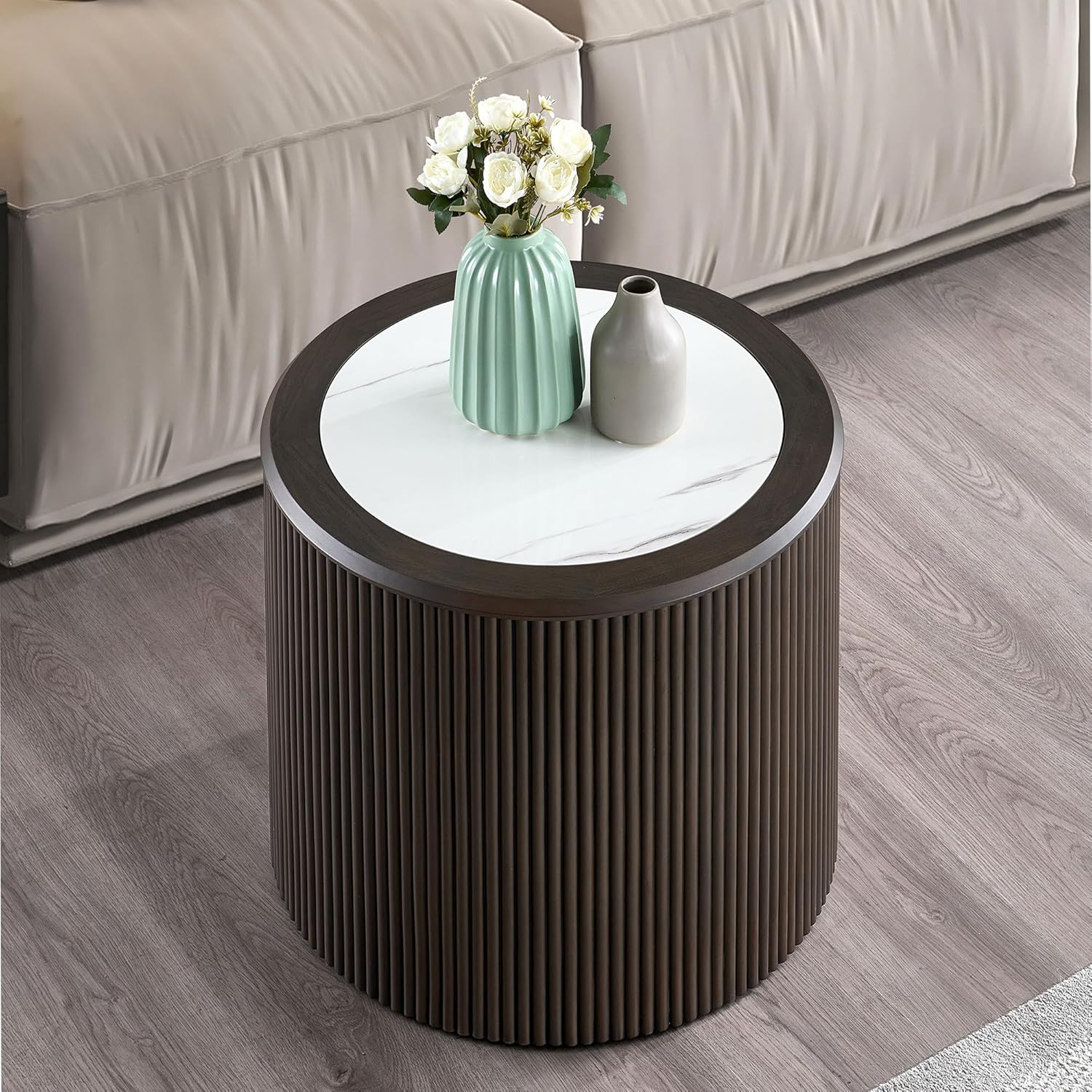 kevinplus Round Faux Marble Side Table Wood End Table for Living Room, Modern Contemporary Embossment Fluted Style, No Assembly (Dark Brown, ø23.62'' x 18.5'')