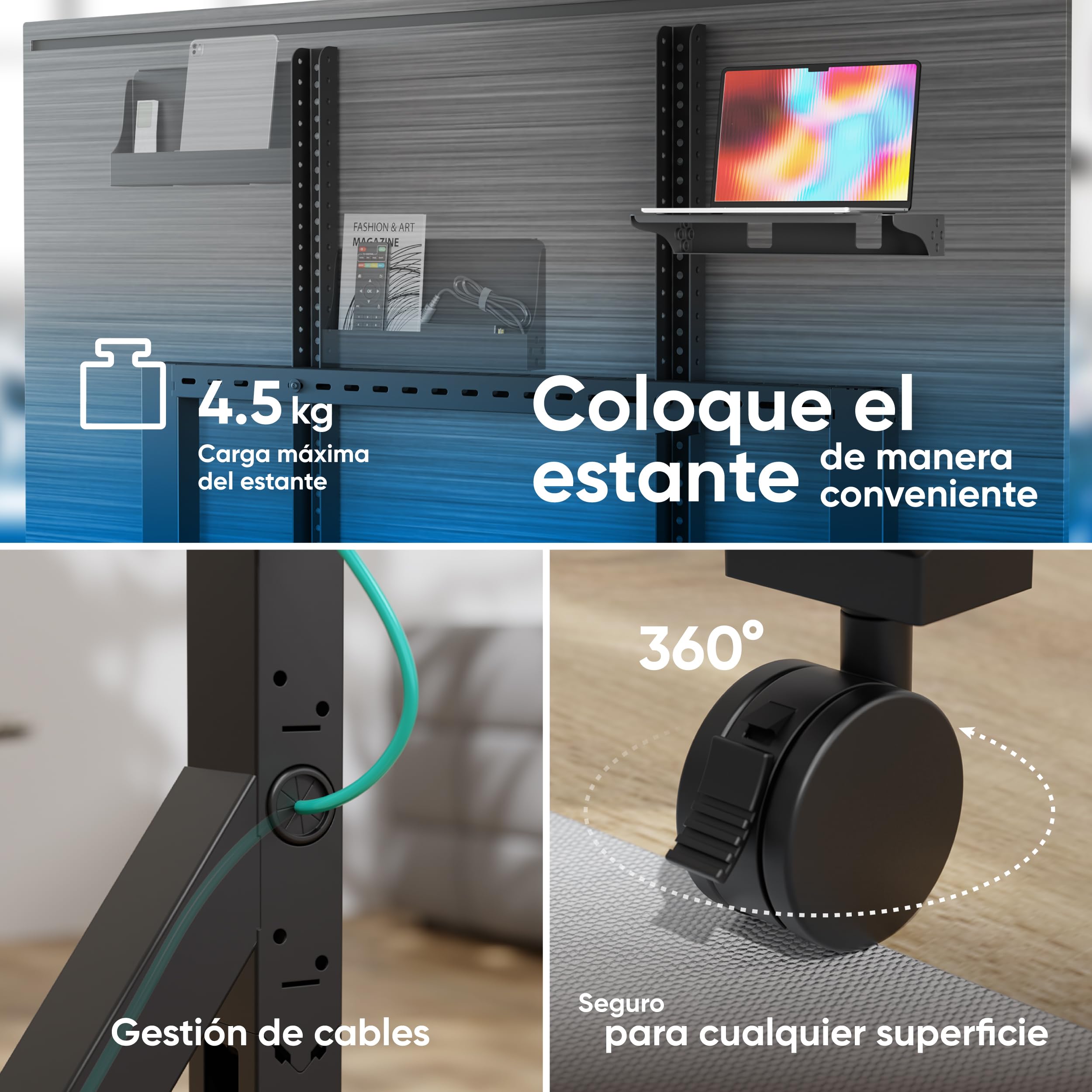 ONKRON Soporte TV Ruedas 70-110 Pulgadas, hasta 120,5 kg, VESA 200x200-1000x800 mm, Soporte TV Pie Móvil con Estante, Carro para Televisión o Pizarra Digital, Profesional, Universal, Negro TS2081-B