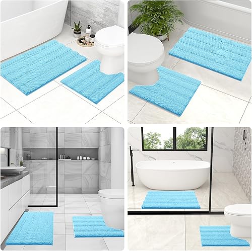 Miniatura 9 de Grandaily Alfombras de baño de felpilla a rayas en forma de U, extrasuaves y absorbentes, antideslizantes, de felpa, peludas, lavables a máquina,