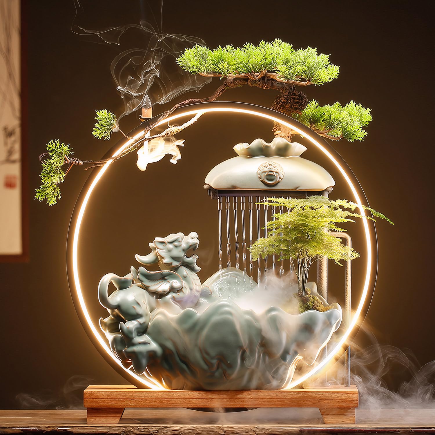 TXYXT Waterfall Fountain Indoor with Mist, Tabletop Water Fountain,Desk Chinese Ceramic Pixiu Statue with LED Light Ring and Backflow Incense Burner Holder