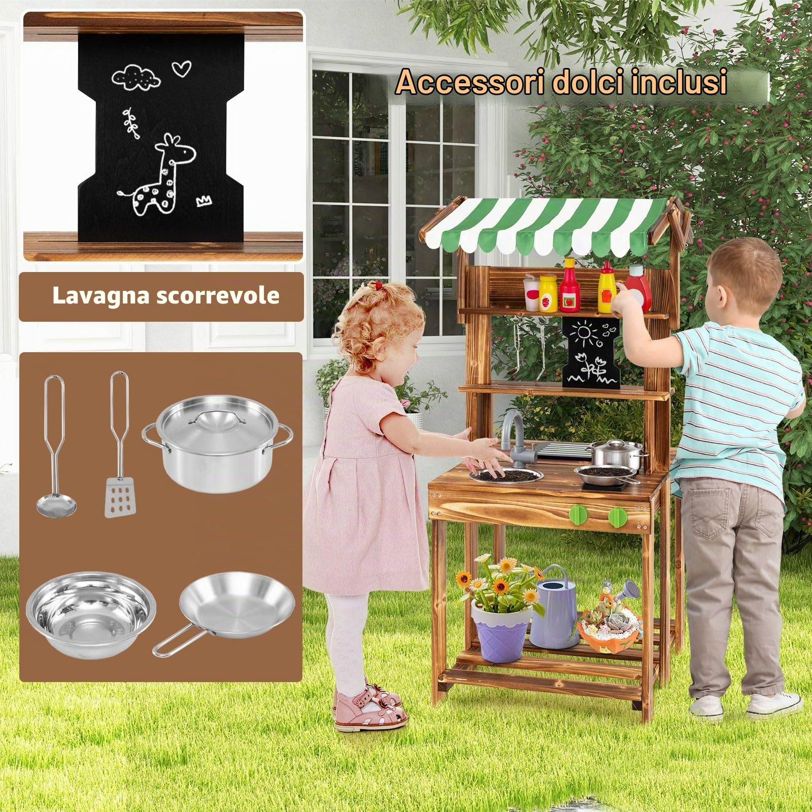 HOMASIS Cucina da Esterno in Legno con Tettoia, Cucina Giocattolo per Bambini a Doppia Faccia con Lavagna, Rubinetto, 4 Utensili e 2 Ganci, Barbecue Giocattolo per Bambini da 3+ Anni, Verde