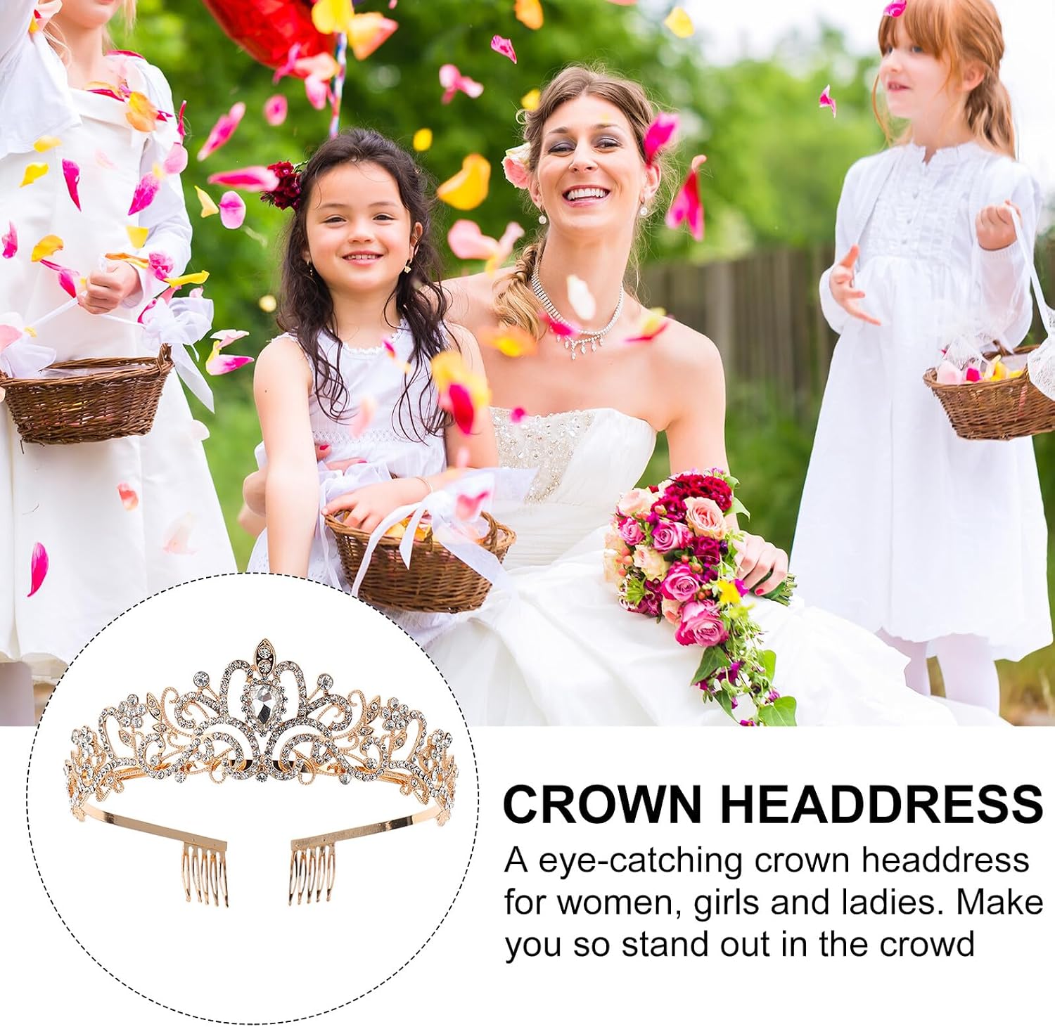Rhinestone Bridal Crown Headpiece with Combs Gold Wedding Headdress for Women Prom Party Hair Accessory