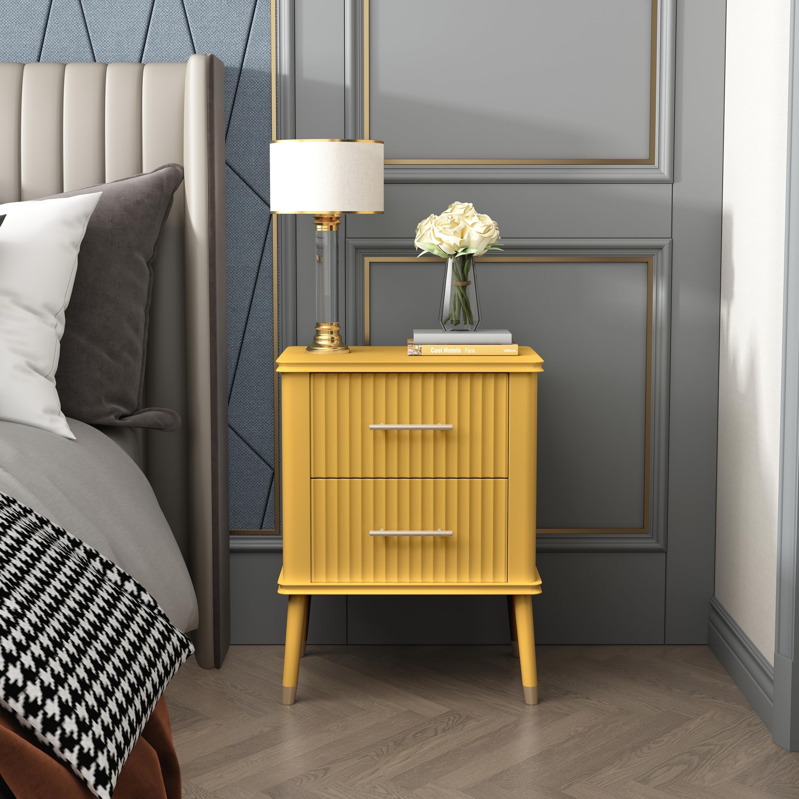 Cabinet Bits Bedside Table, Pine Wood, Yellow, One Size