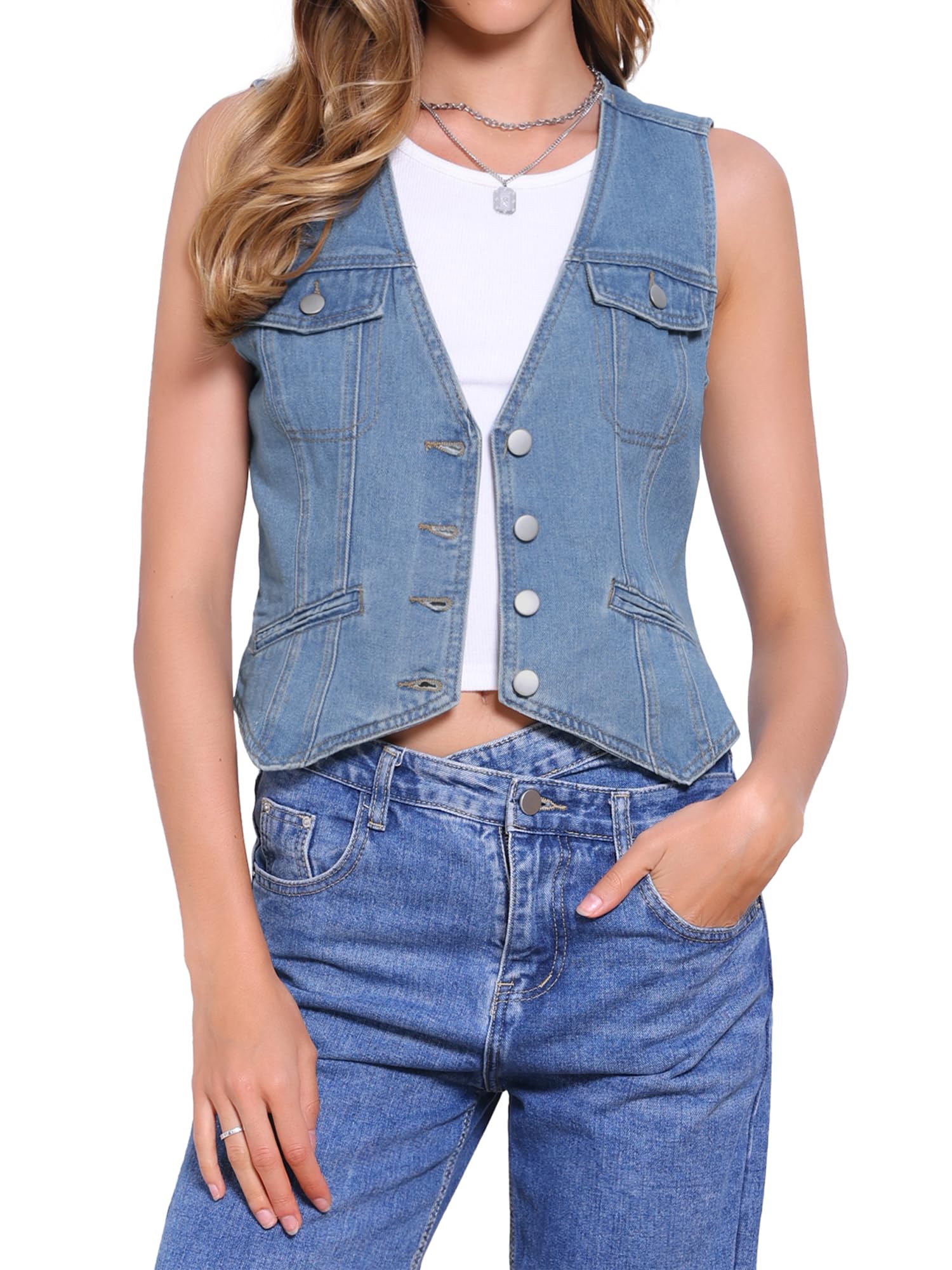 Allegra K Damen Ärmellose Denim Weste mit Knopfleiste V-Ausschnitt Jeansweste Jacke