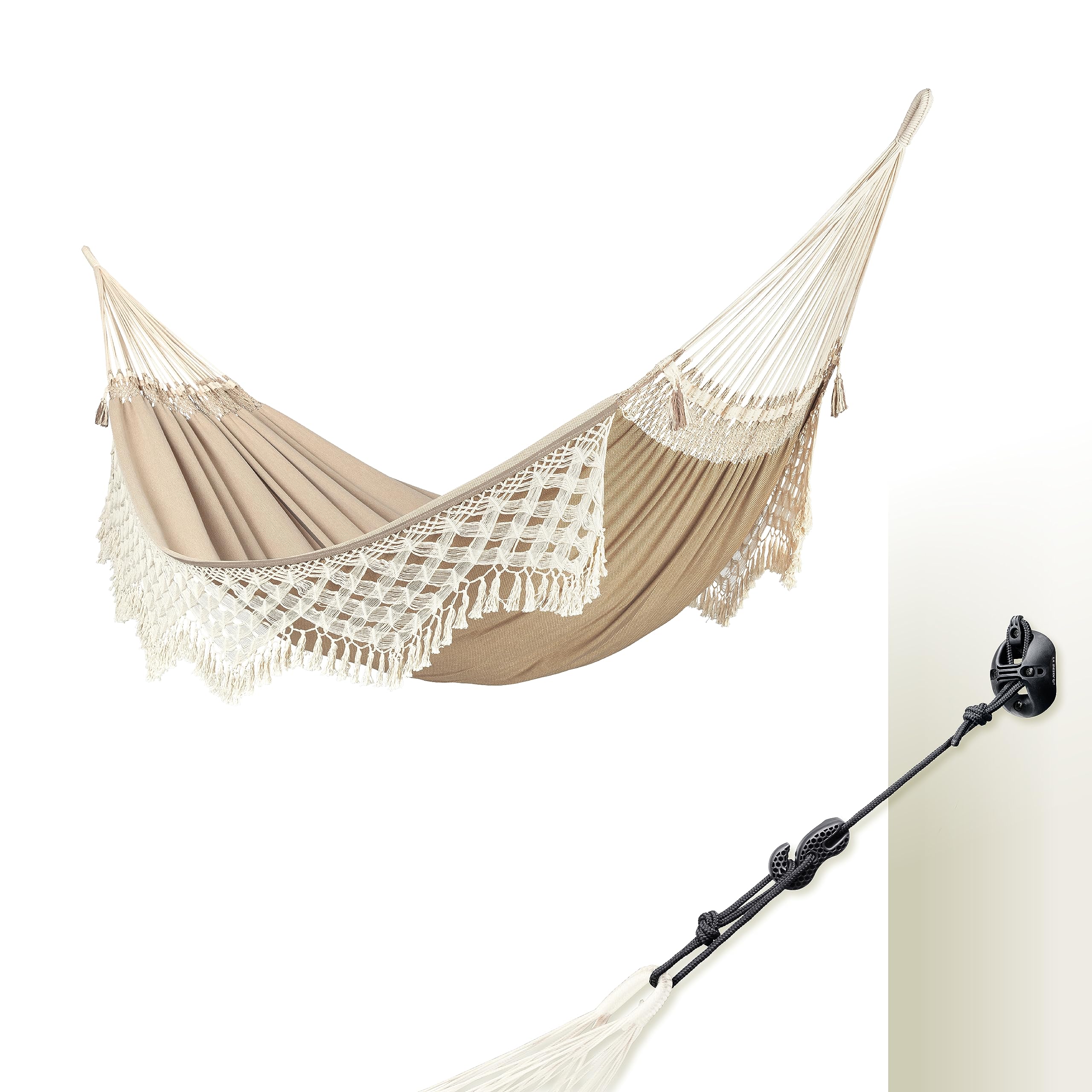 LA SIESTA® Bossanova Bio-Baumwoll Hängematte & Multizweck-Befestigung für Wände Decken & Quadratische Balken - Balkon Indoor Outdoor Hängematte, 2 Personen Makramee Boho Hängematte - Kingsize, Muscade