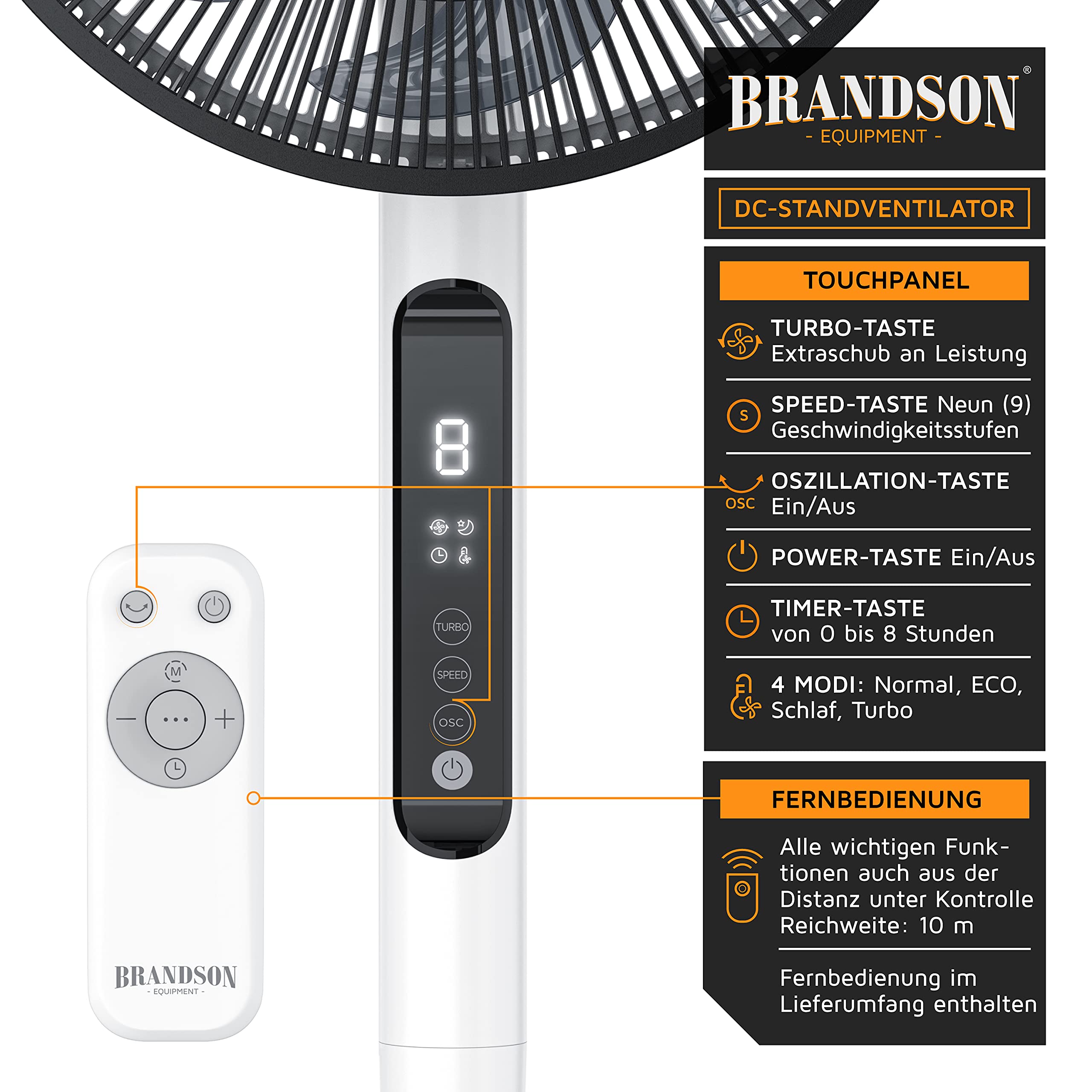 Brandson - DC Standventilator energiesparend ECO - Sieger Ventilatoren 2026 - Fernbedienung - Brushless Silent Motor - sehr leise – Oszilation 60° 90° 120° - 12 Stufen - Turbo Modus - weiß