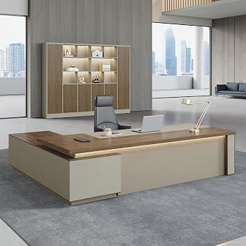 L Shape Executive Desk with Reversible Cabinets, Lockable Drawers & Cable Box Modern Office Desk with Thick Desktop for Home or Business Use Black Walnut+Khaki, 94.5" L*70.8" W*29.5" H