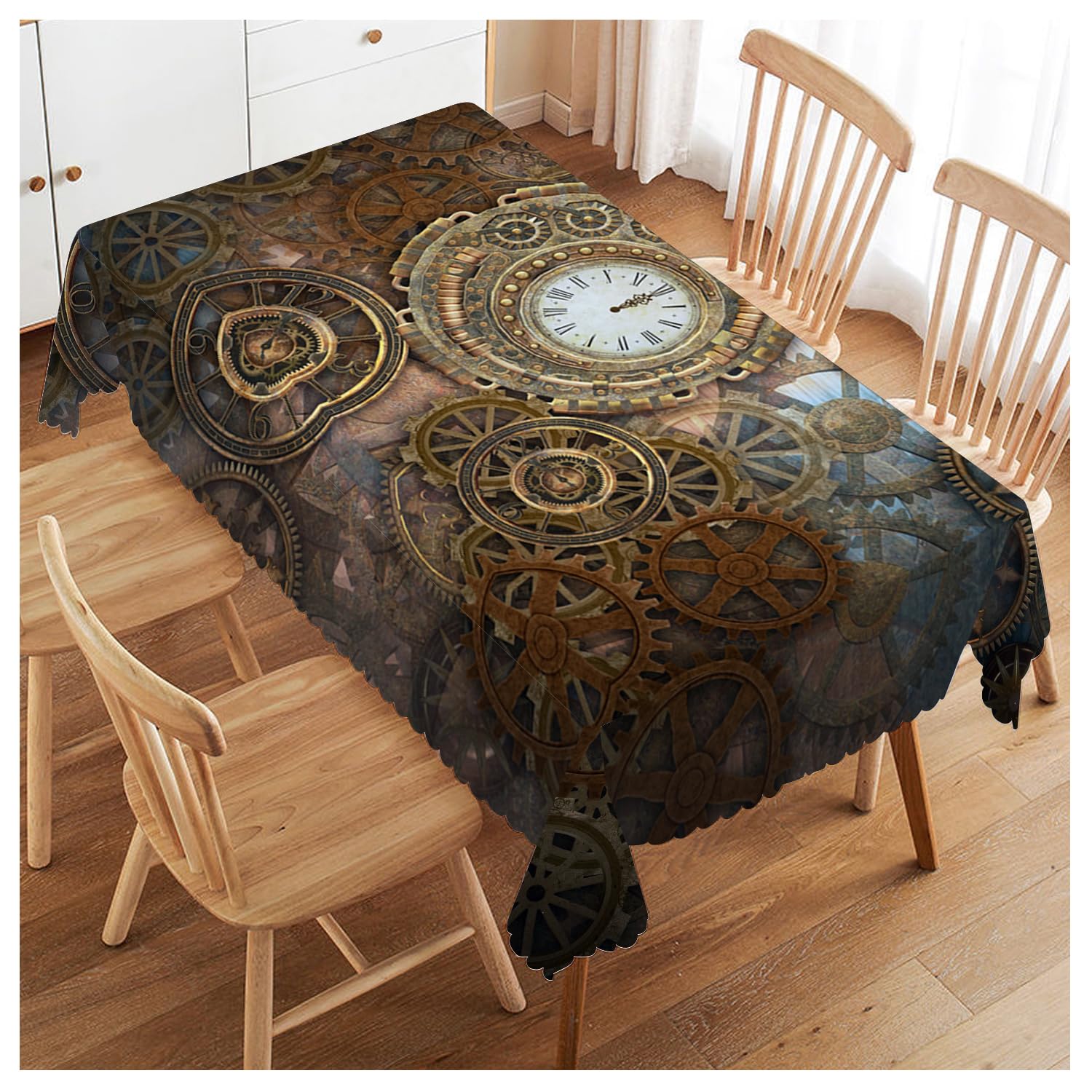 Walmsco Tablecloth Retro Brown Clock Gears Decor For Dining Room Kitchen Rectangular Table Cover 132 * 178cm
