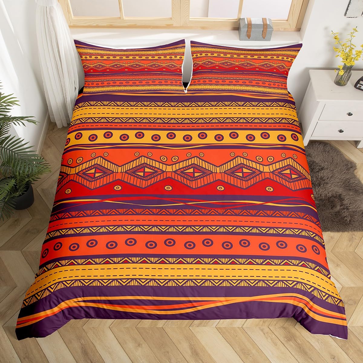 Homemissing Boho Bedding Set King Bohemian Style Duvet Cover Set Antique Egypt Beds Set Egyptian Culture Egyptian Duvet Cover for Children Boys Girls Breathable Bedding Set