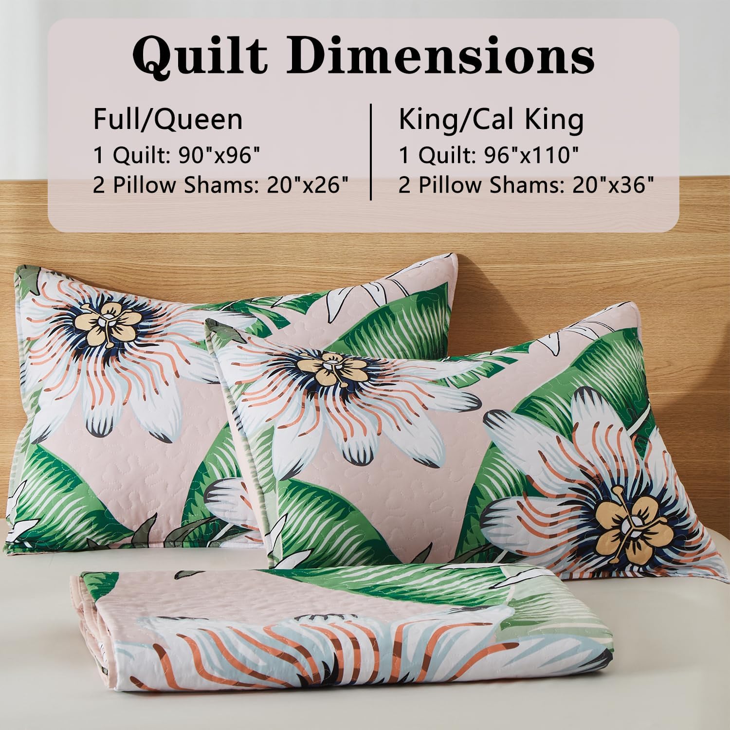 Yogeneg King Quilt Bedding Set,White Green Botanical Pattern Blush King/Cal King Quilt Set,3 Piece Lightweight Soft Summer Bedspread Coverlet with 2 PIillow Shams,All Season(Blush,110"x96") - Image 7