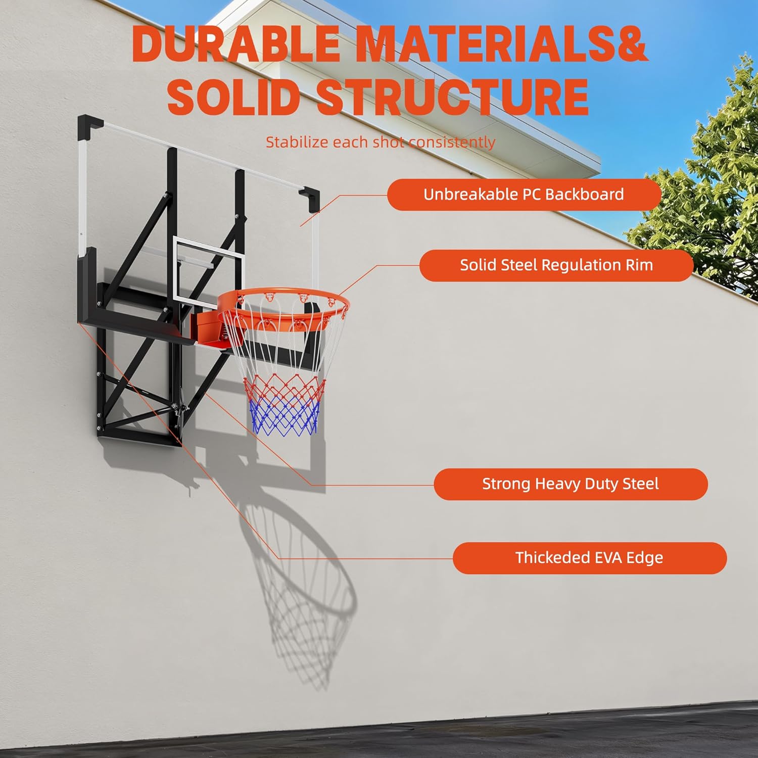 Adjustable Wall Mounted Basketball Hoop – 48 Inch Shatterproof PC Backboard, 8-10 FT Height, 18 Inch Sturdy Steel Rim, Indoor & Outdoor Basketball Goal for Home, Garage, or Gym