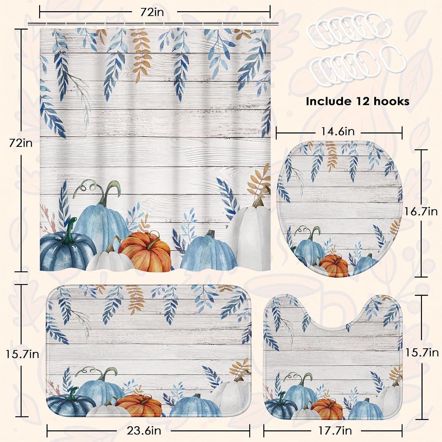 Bathroom Sets with Shower Curtain and Rugs, 4 Pcs, Fall Pumpkin | Farmhouse Watercolor Autumn Bathroom Decor Set with Toilet Lid Cover, Non-Slip Bath Mats and Accessories 12 Hooks