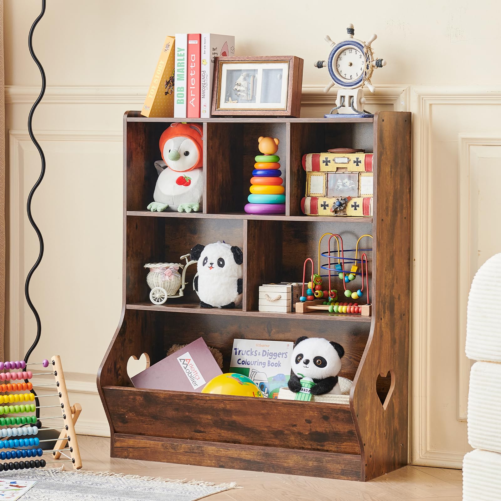 LELELINKY Bücherregal Kinder, Kinder Bücherregal mit 6 Ablagefächer, Großes Kinderregal, Spielzeugregal & Spielzeug-Organizer für Kinderzimmer & Wohnzimmer, Braun, 80 x 24 x 100 cm