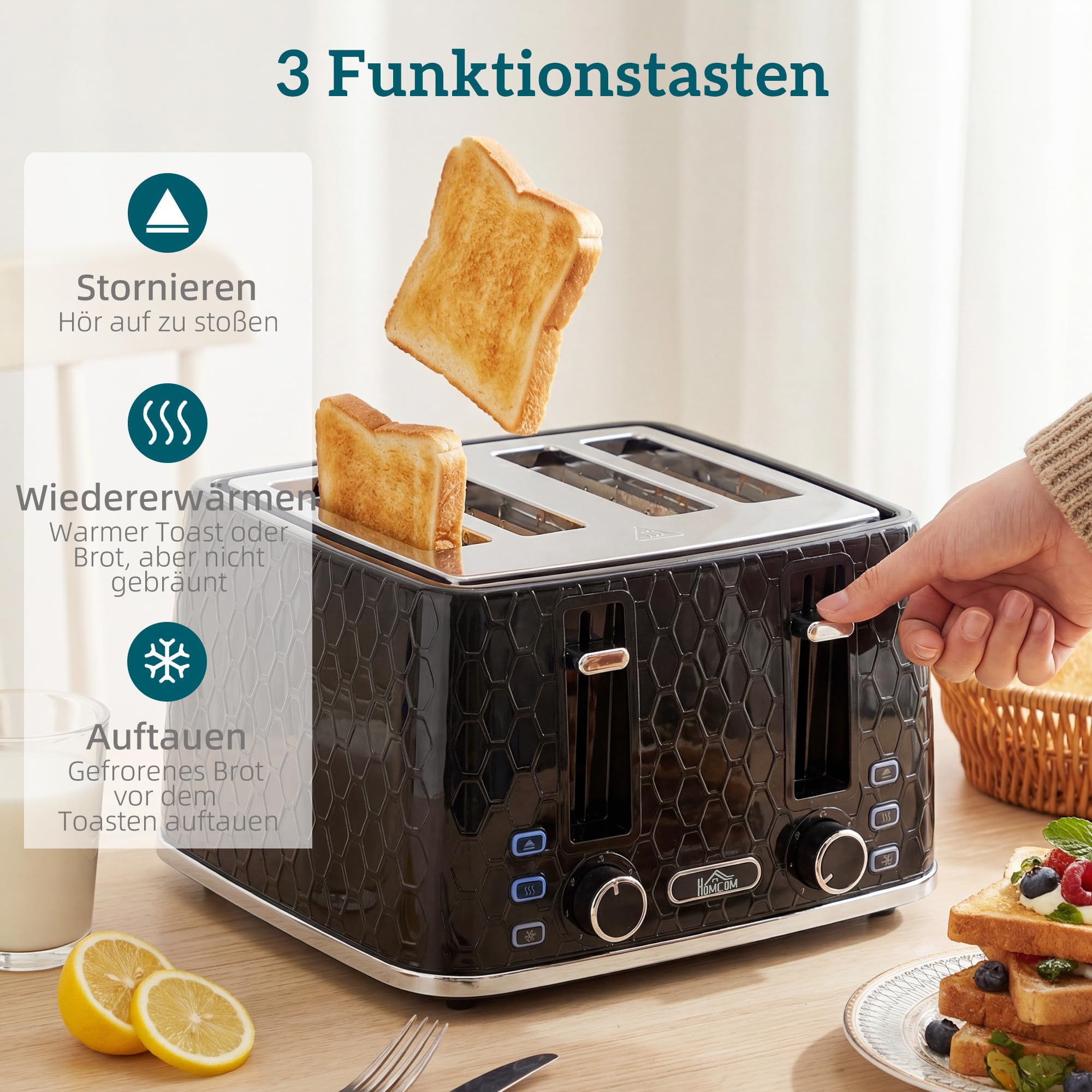 HOMCOM Wasserkocher Toaster Set, 1,7L 2200W, Glas, 4-Scheiben-Toaster, 7 Bräunungsstufen, Schwarz