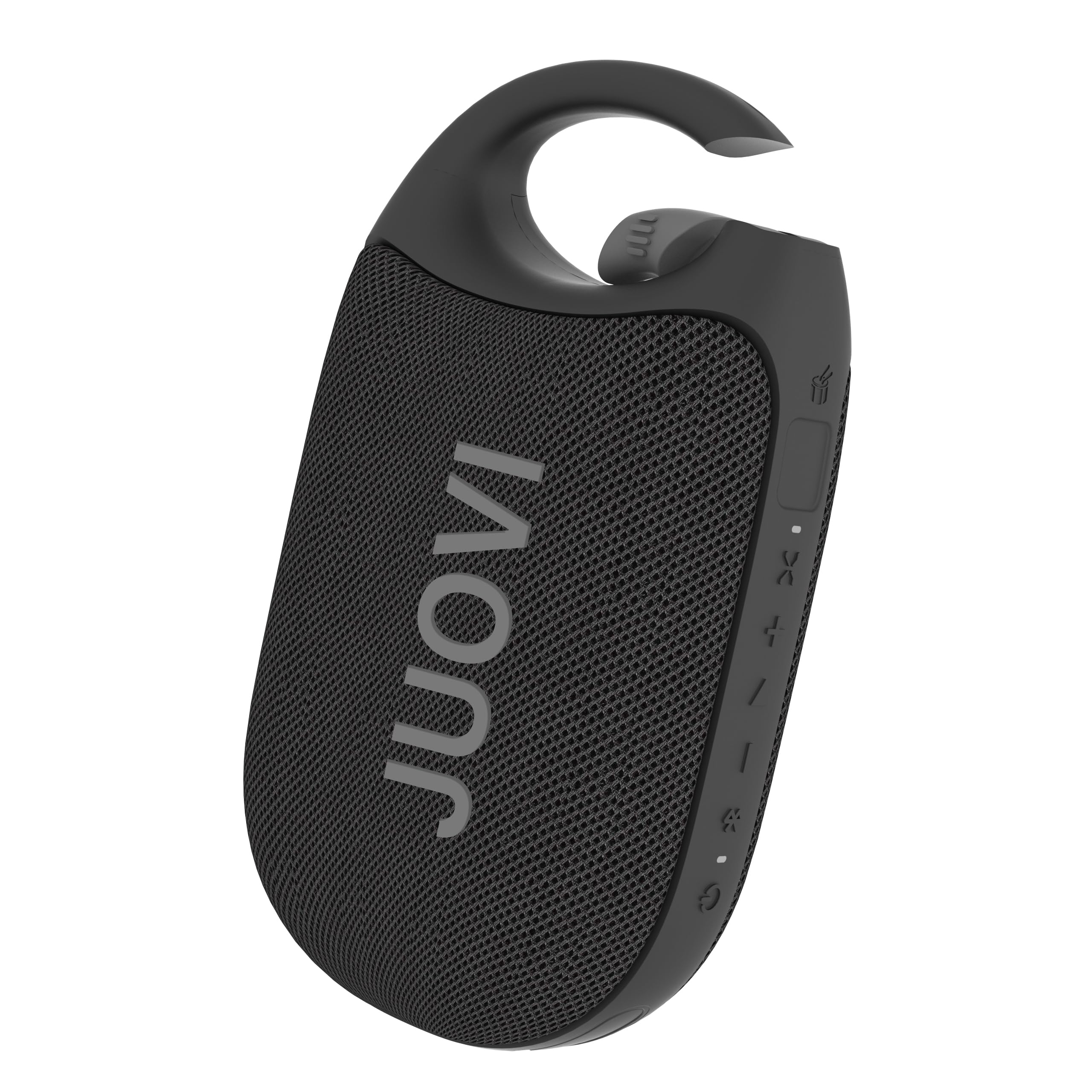JUOVI Clip Altavoz Bluetooth Potente 24H de Reproducción Altavoz con App Resistente IP68 Sonido HD Mosquetón Integrado Modo Ritmo Personalizable EQ para Fiestas al Aire Libre (Negro, Clip J1)