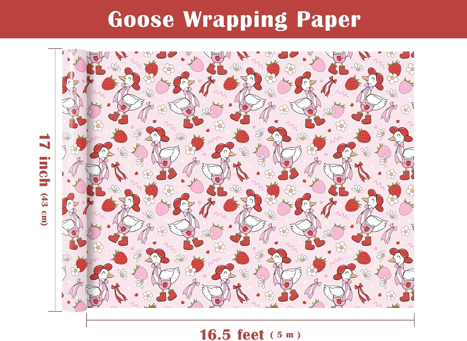 WRAPAHOLIC Silly Gooses Wrapping Paper Roll - Mini Roll - 17 Inch x 16.5 Feet - Red Goose Coquette Gift Wrap Strawberry Wrapping Paper Perfect for Girls Birthday, Baby Shower image 3