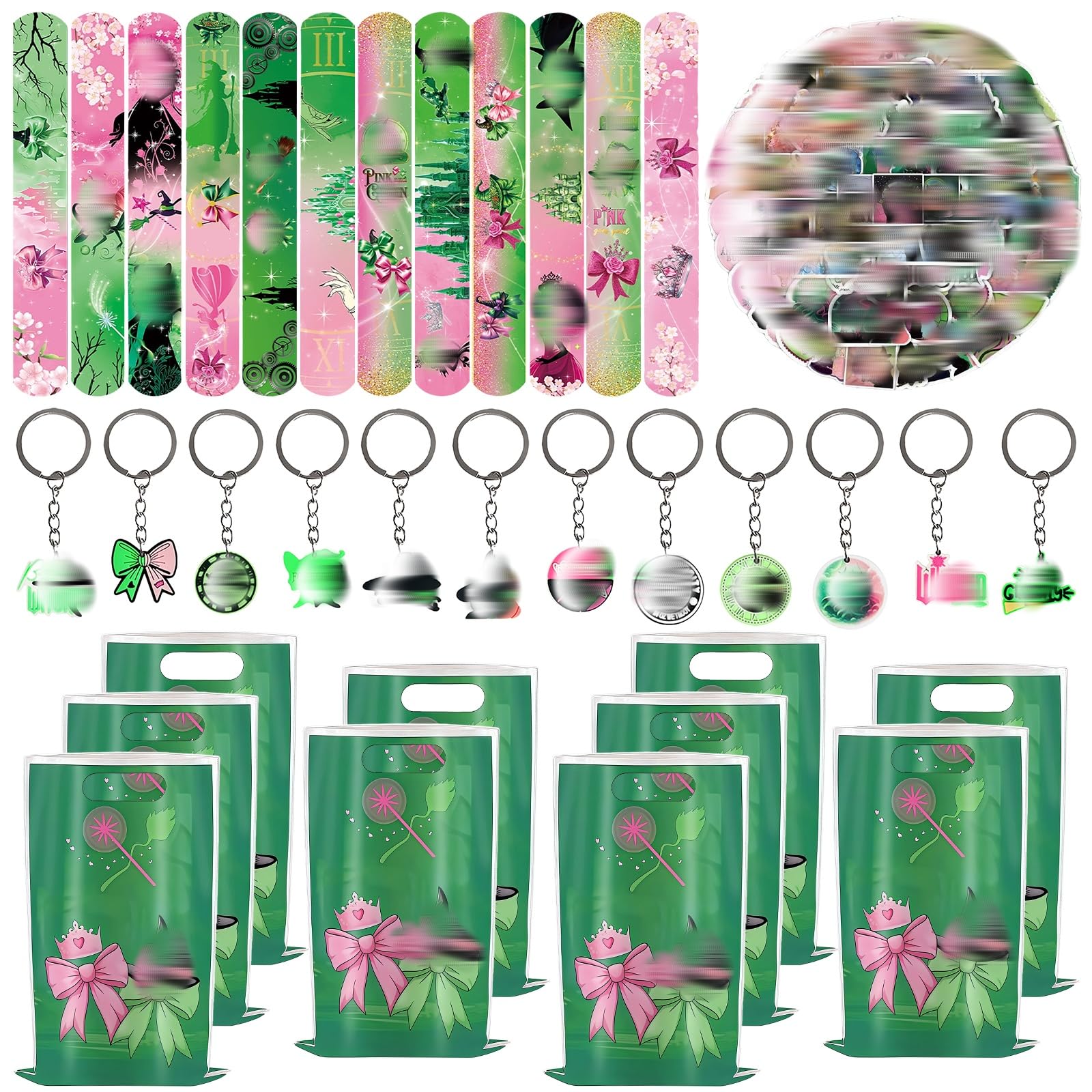 viallolipa 84PCS Witch Party Bag Fillers for Kids, Pink and Green Party Gifts Supplies Set with Goodie Gift Bags, Slap Bands, Cartoon Stickers and Keychains for Birthday Party Decorations