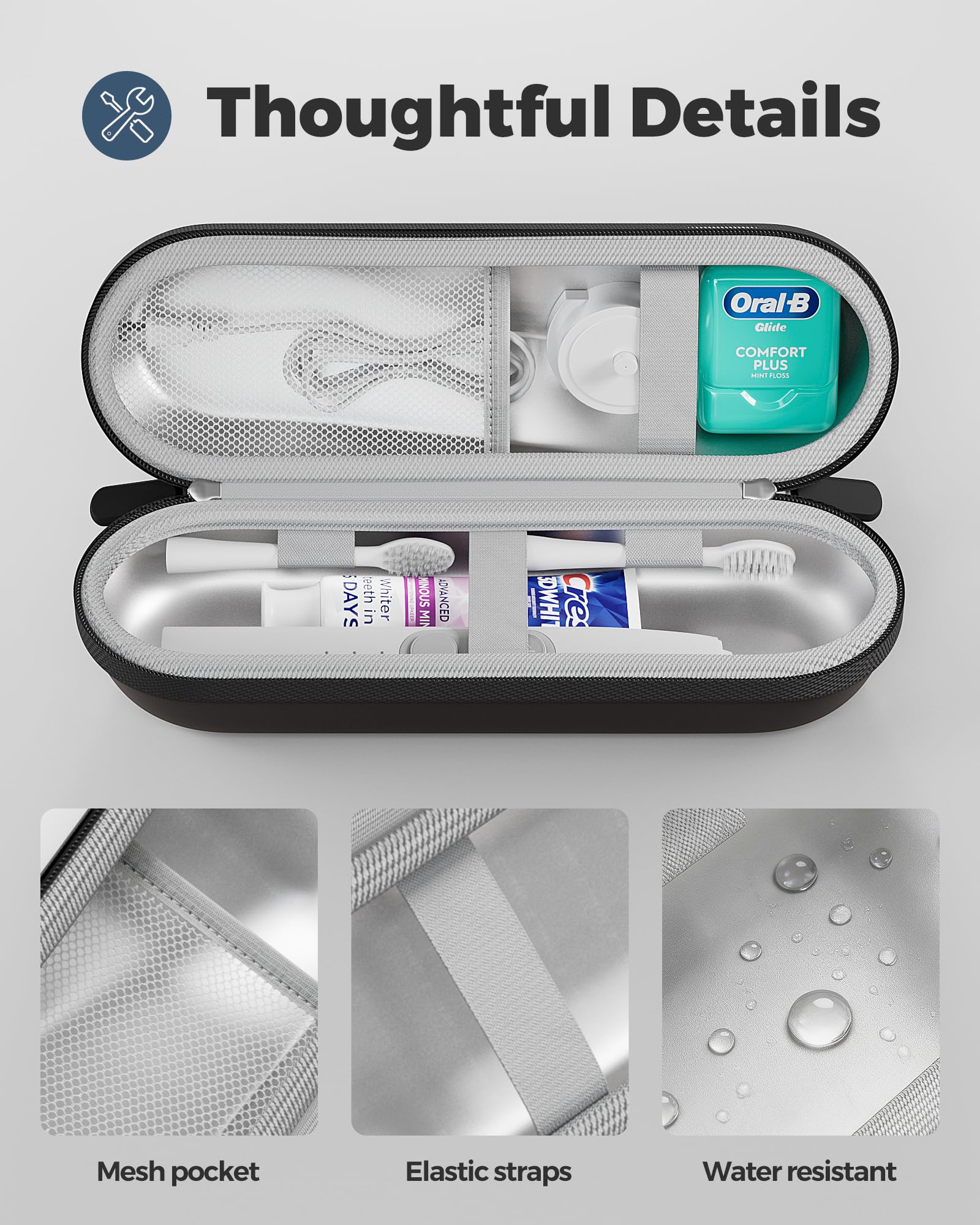 ProCase 歯ブラシケース 携帯用 旅行用 防水ハードケース Oral-B Philips対応 - ブラック（L） | 電動歯ブラシケース,アクセサリー収納付き,多機能,軽量,耐久性,持ち運び便利,出張や旅行に