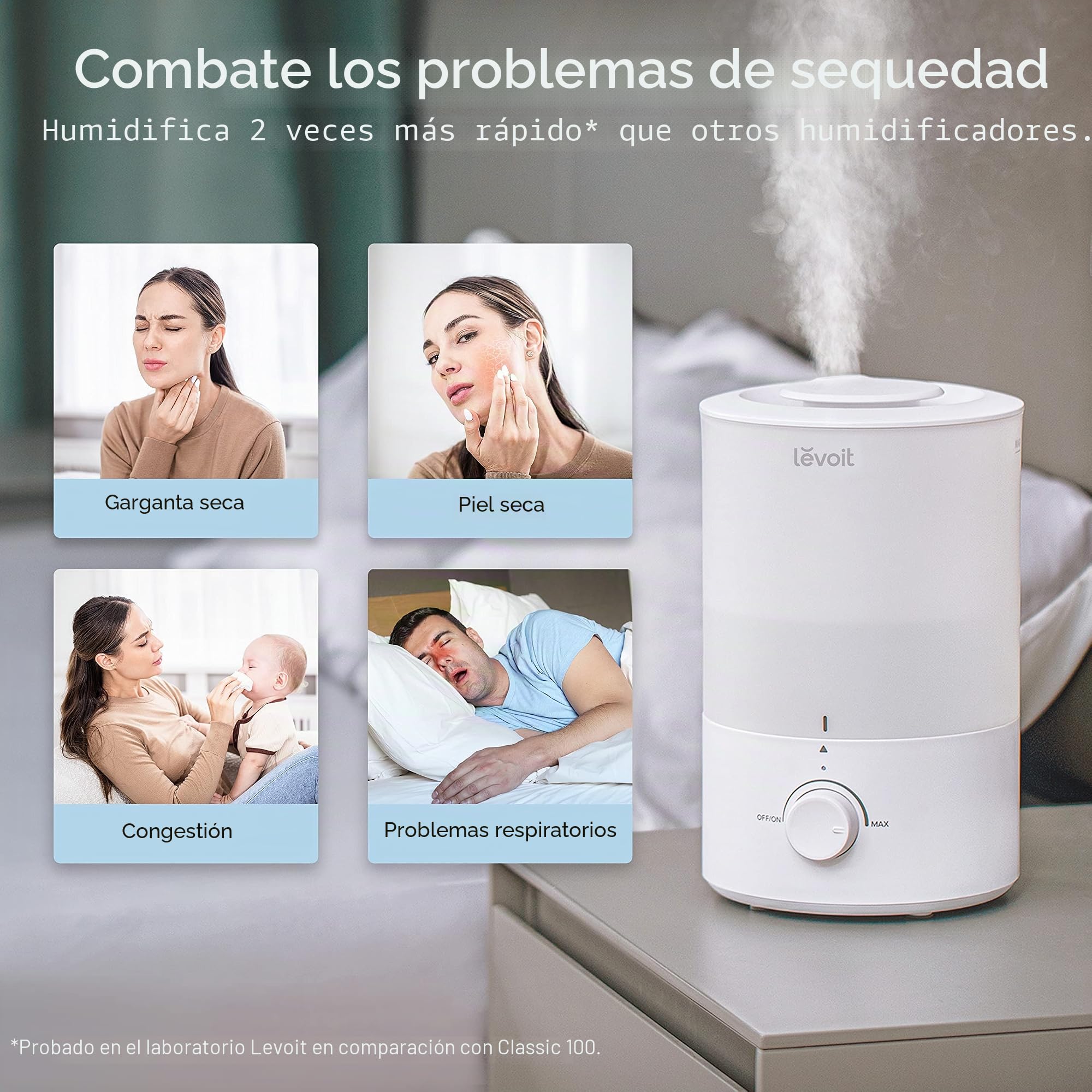 Levoit Humidificador para dormitorio, fácil llenado superior, tanque de 3 litros para habitaciones grandes, luz nocturna suave, niebla fría ultrasónica rápida, difusor de aceite esencial, ideal para