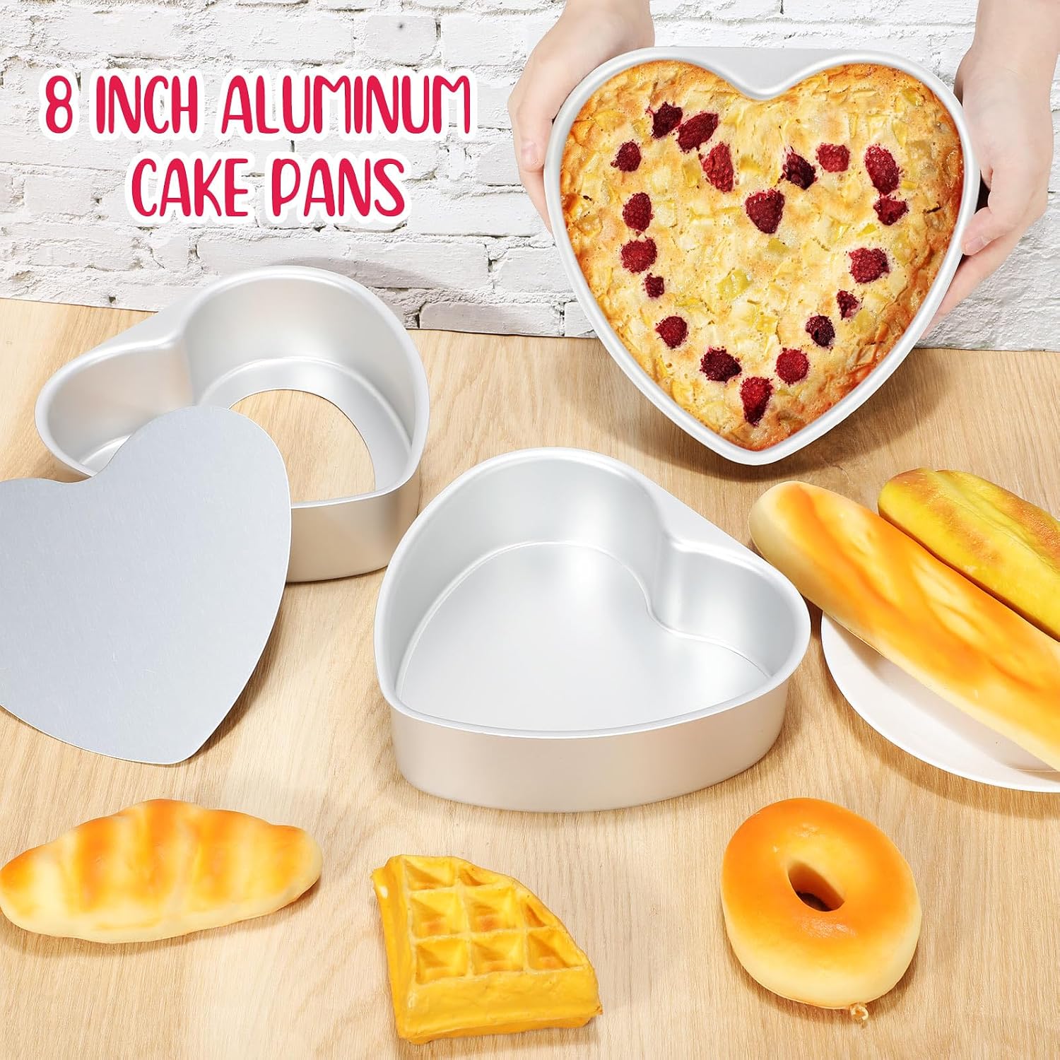 Nuogo 3 Pieces 8 Inch Heart Shaped Cake Pans Non-stick Aluminum Baking Pans with Removable Bottom Heart Cake Mold for Kitchen Birthday Wedding Valentine's Day