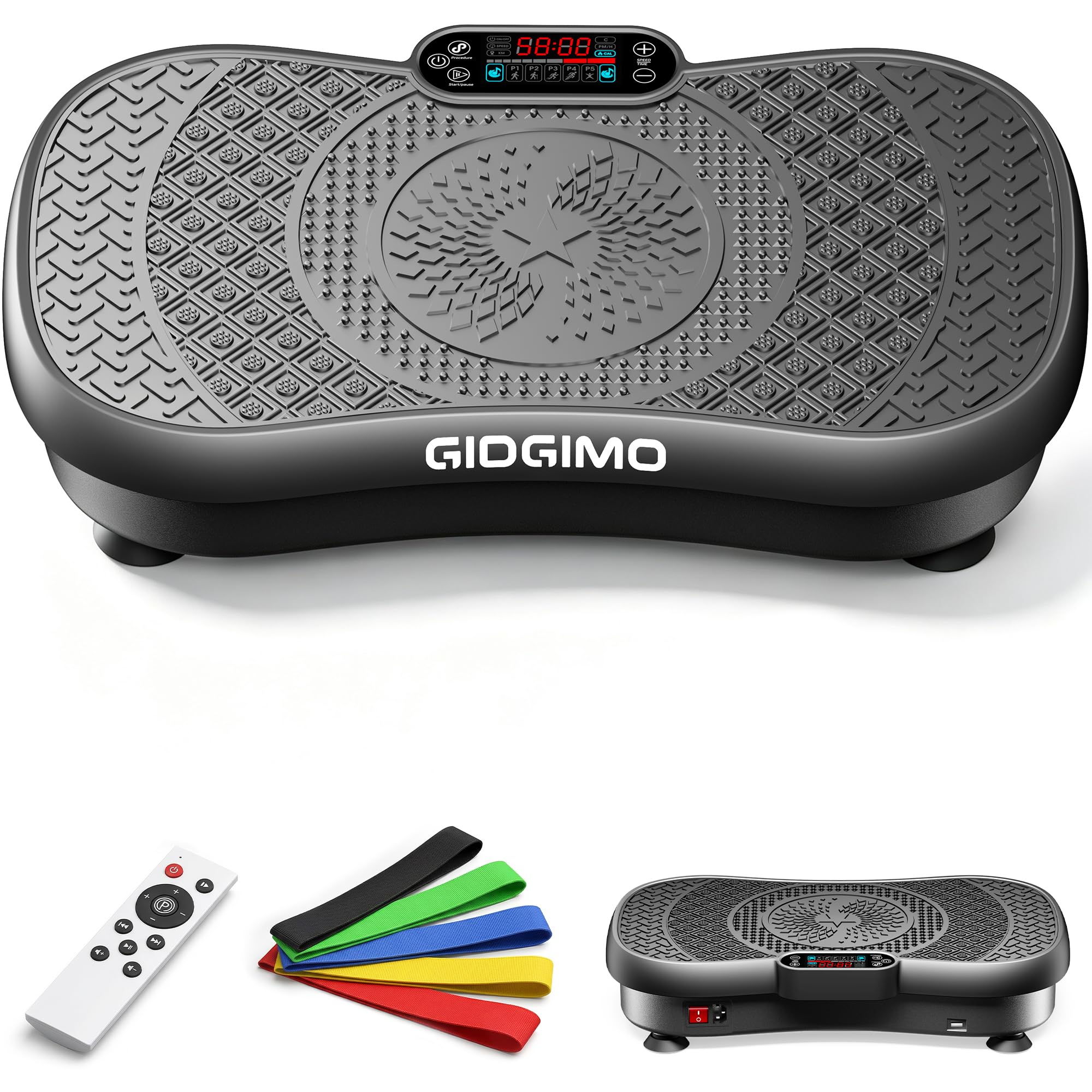 GIDGIMO Plataforma Vibratoria Fitness, Máquina de Vibración de Cuerpo Completo para Entrenamiento en Casa, con Música Bluetooth, Mando a Distancia y 5 Bandas de Resistencia