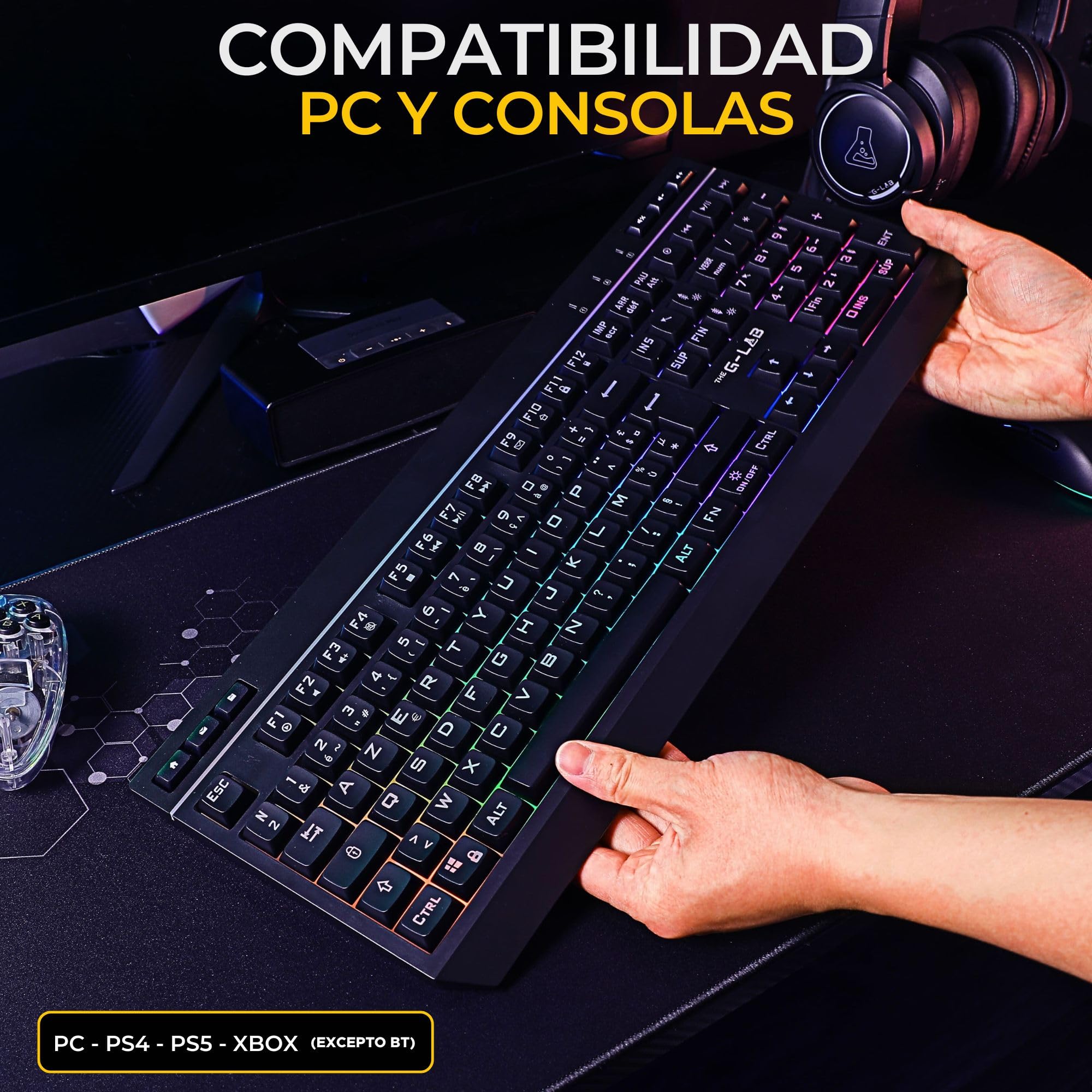 The G-Lab Combo Tungsten EX bezprzewodowa klawiatura do gier i myszka, potrójna łączność 2,4 GHz/BT/kablowa, bezprzewodowa klawiatura QWERTY, RGB & Macro, mysz 6400 dpi, PC/PS4/PS5