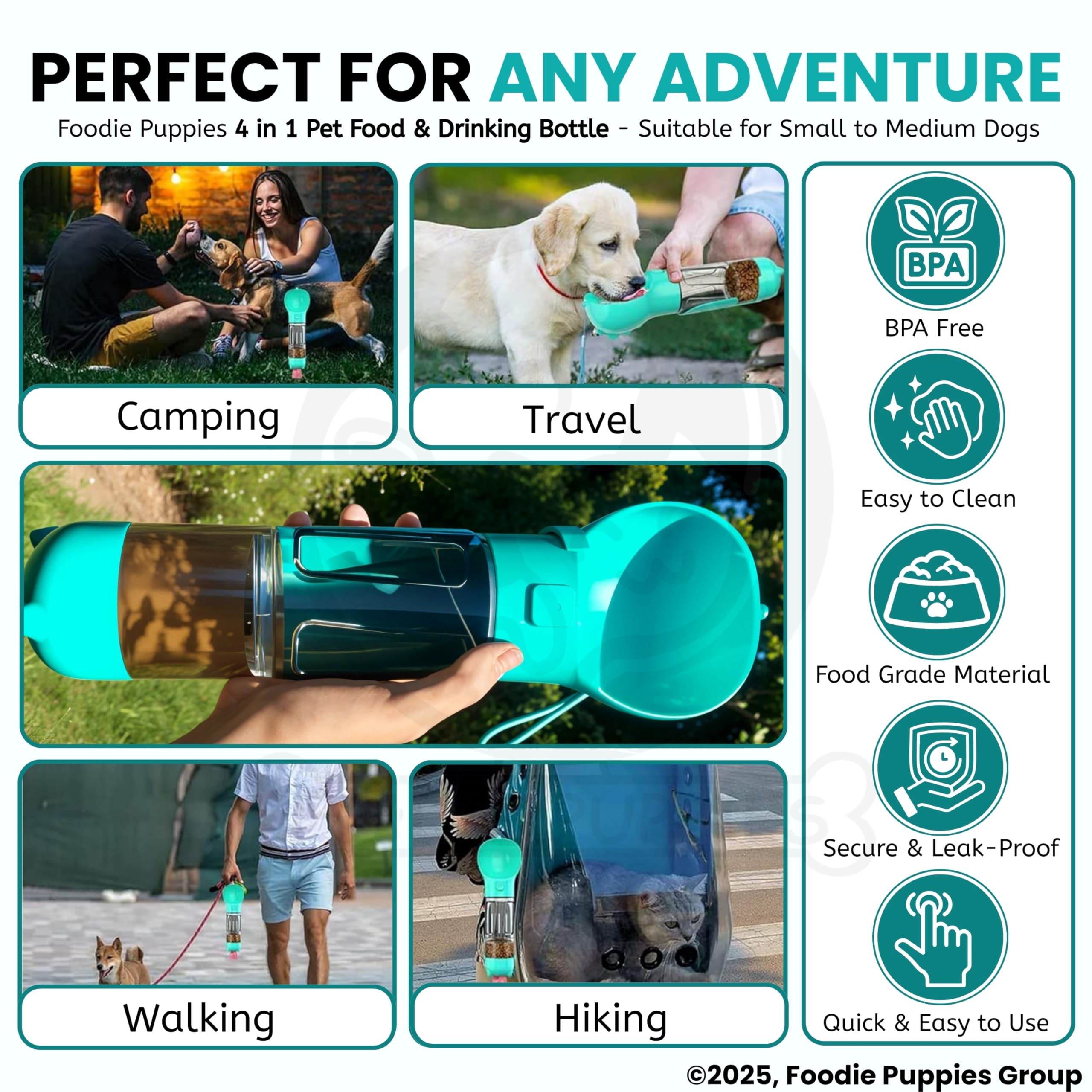Foodie Puppies Dog Water Bottle, Leak Proof Portable Puppy Water Dispenser Drinking Feeder Pet Care Cup for Outdoor Walking, Hiking, Travel (4in1 Bottle - 300ml) 4