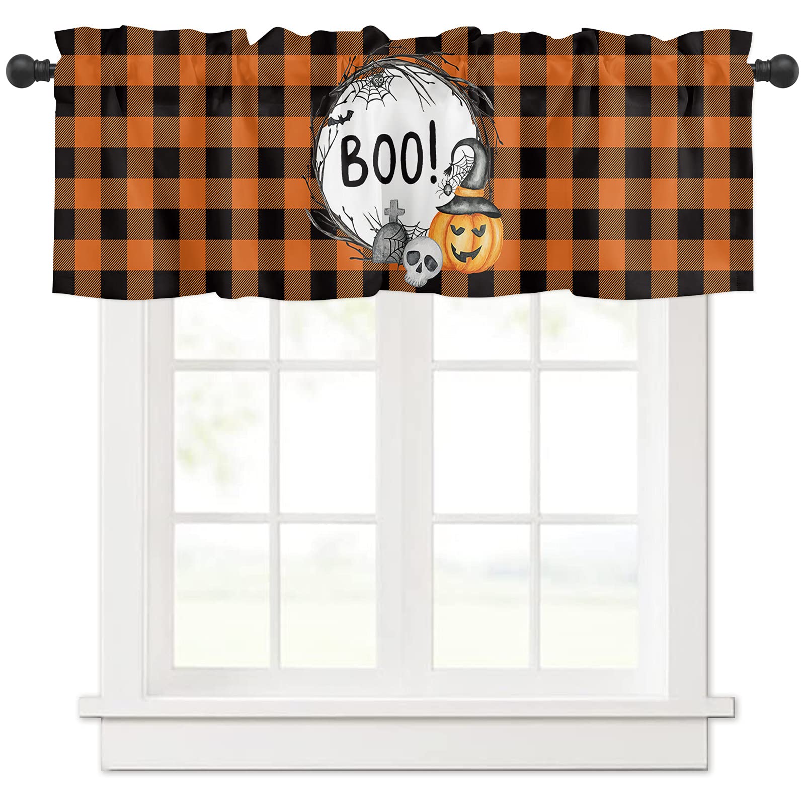 Valance Curtain for Kitchen,Happy Halloween BOO Bats Pumpkin Skull Graves Black Orange Buffalo Plaid Valances for Living Room Scroll,Rod Pocket Valances for Bedroom,Window Valance 1 Panel 18