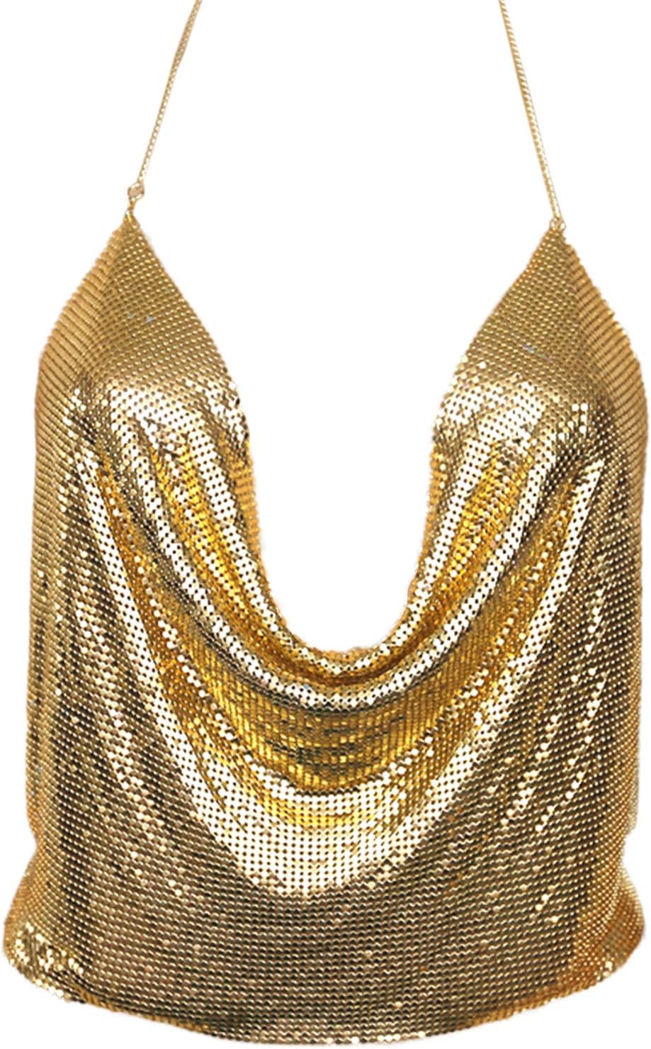Croozy Women's Sexy Metallic Sequin Body Chain Shimmer Backless Halter Crop Top Adjustable Harness Bikini Chest Chain (Gold)