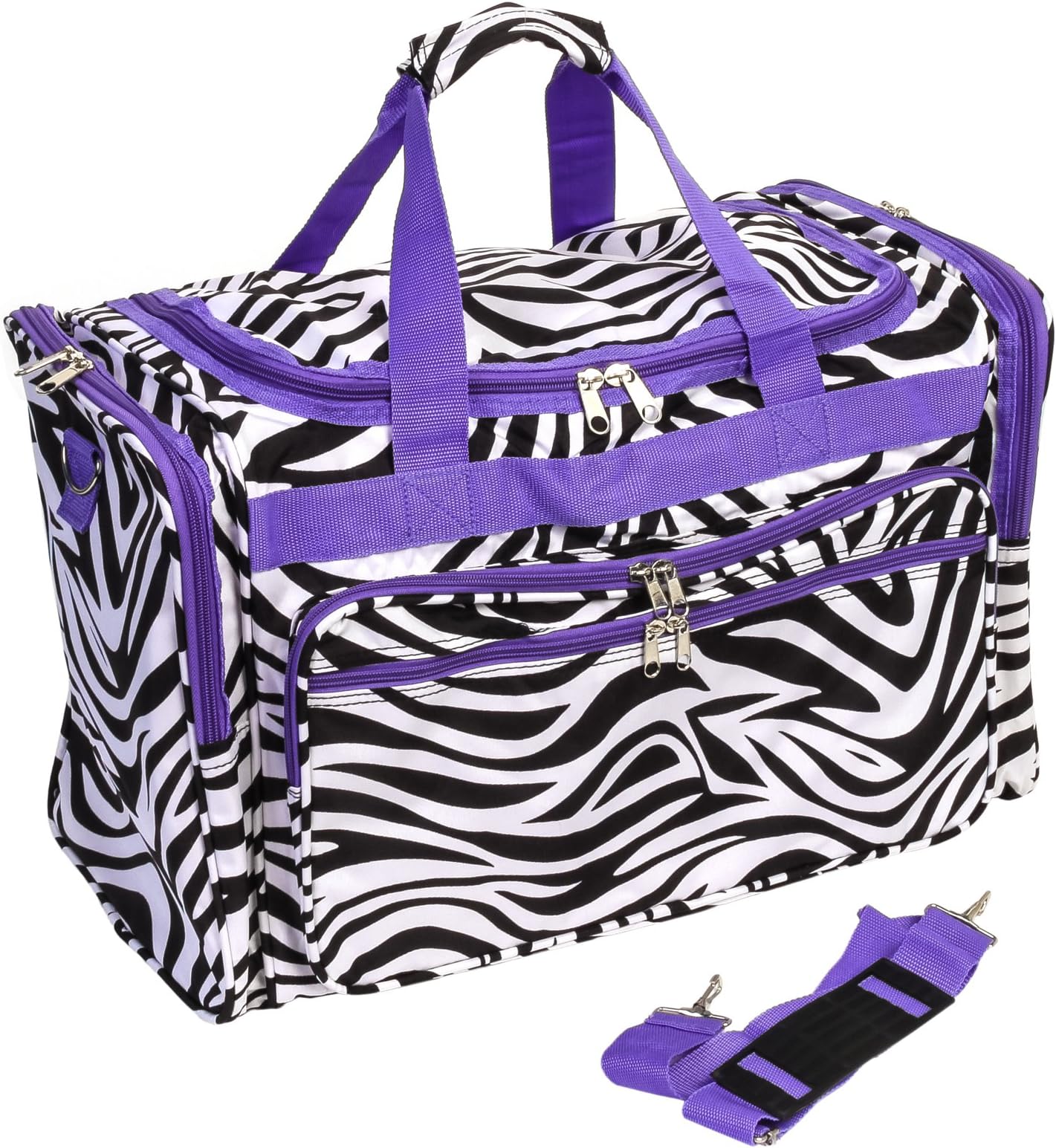 World Traveler 22-inch Zebra Print Duffle Bag, Black and White with Purple Trim