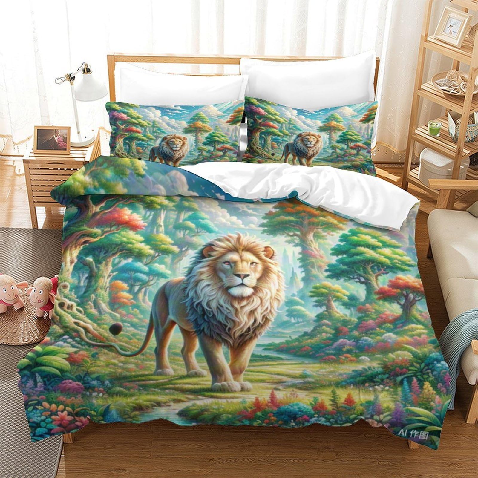 Linge de lit premium imprimé lion 3D en microfibre brossée thermorégulatrice