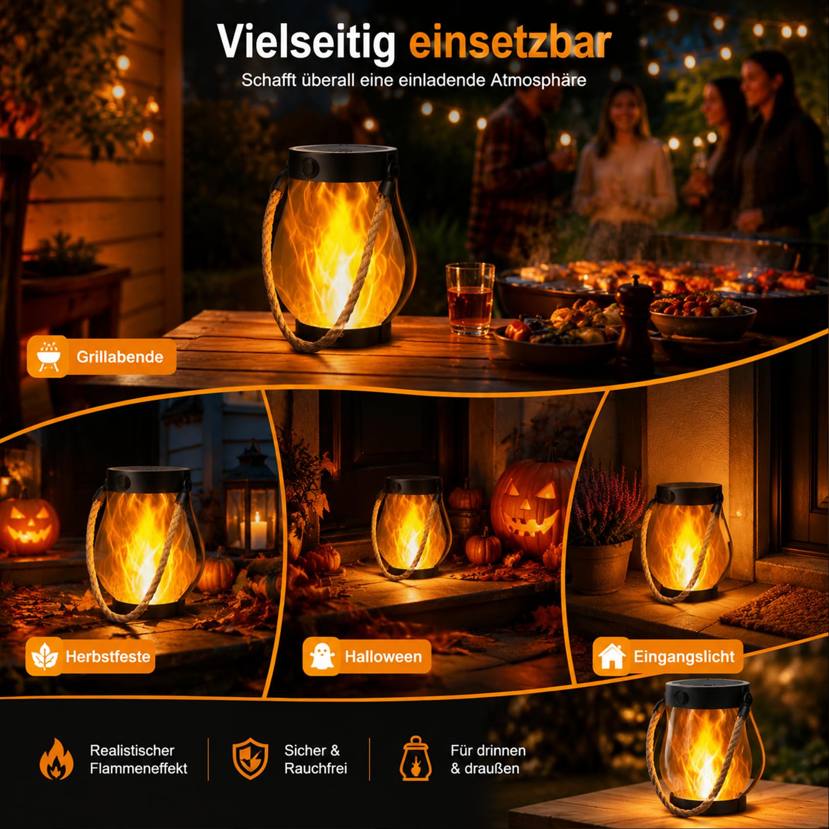 Klynero Solar-Laterne mit Flammeneffekt, 2027 NEU Klynero LED Solar Lantern, Solar- und USB-C-Ladung für AußEn Halloween Dekoration, Ideal für Garten, Balkon und Terrasse (2 Stück)