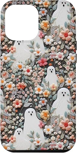 iPhone 12 Pro Max Linda decoración de Halloween 3D arcilla floral hoja fantasma impreso caso