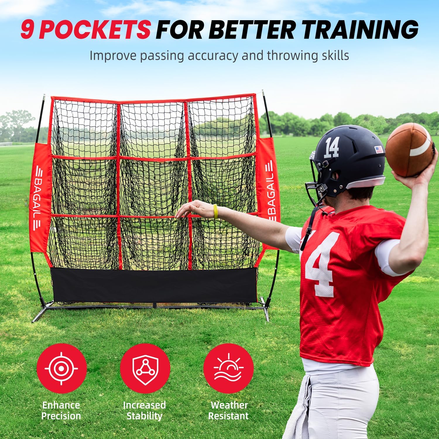 BAGAIL Football Throwing Net - 5 or 9 Target Pockets, Easy Setup, Heavy-Duty - Portable QB Accuracy Trainer, Fun Target Practice Net for Football with Carry Bag