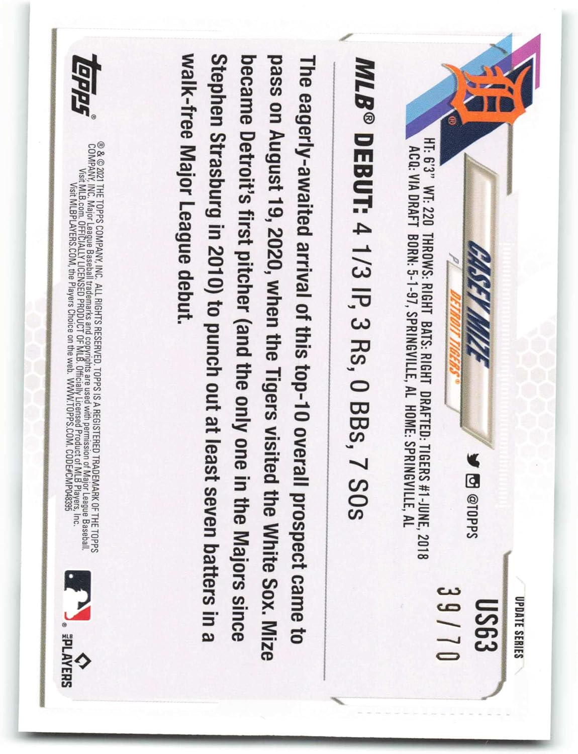 2021 Topps Update Platinum Anniversary #US63 Casey Mize Rookie Debut NM-MT SER/70 Detroit Tigers Baseball