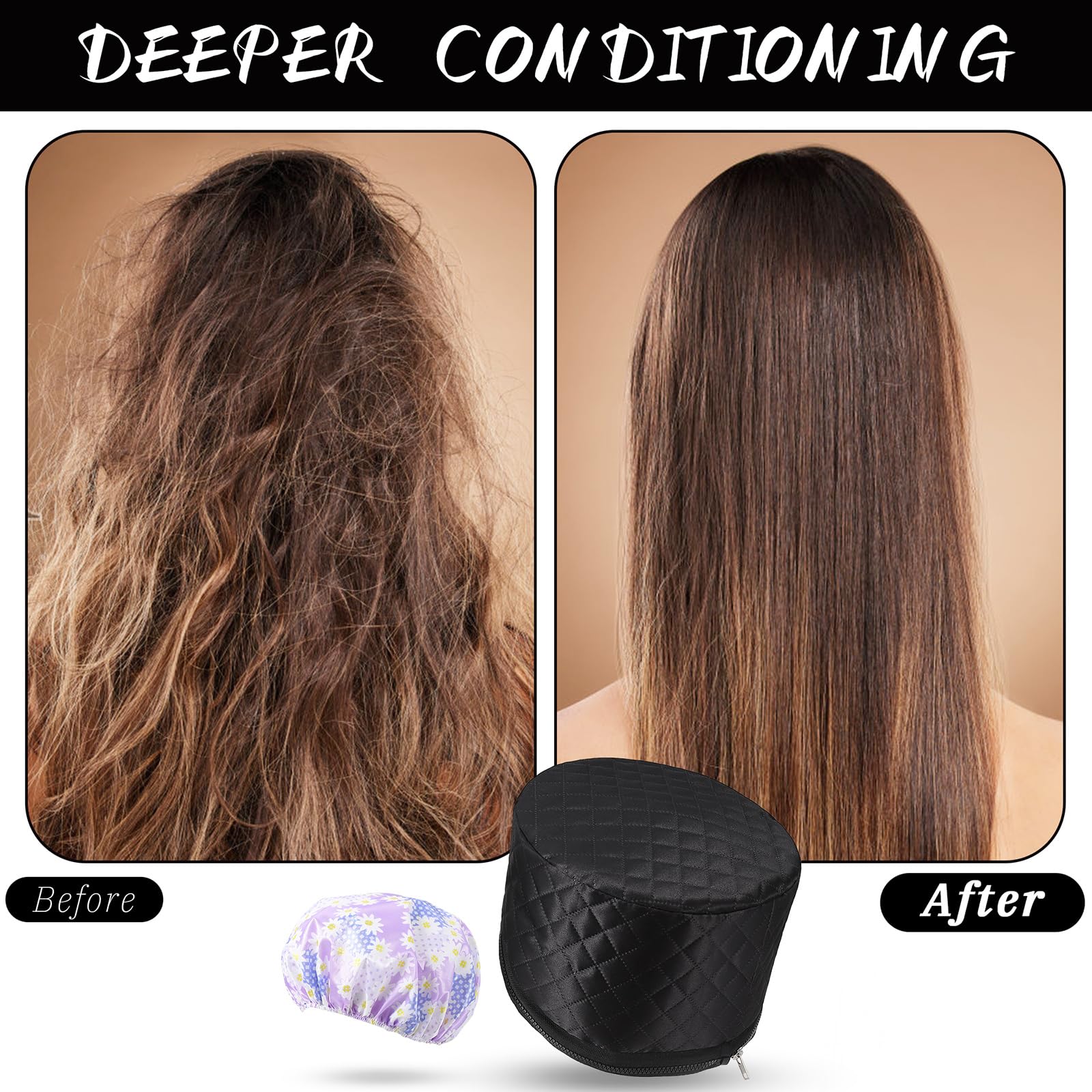 Cappello termico per trattamenti di profondità, cuffia a vapore per maschere per capelli, cuffia riscaldante con 2 modalità di temperatura per spa, salone, casa - Nero