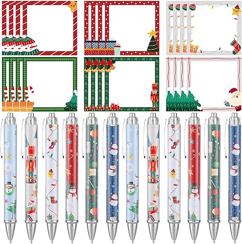 Cholemy Juego de 48 notas adhesivas y bolígrafos de Navidad, 24 bolígrafos de Navidad, 24 blocs de notas autoadhesivas de Navidad, bolígrafos de