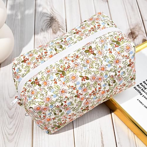 Miniatura 6 de SOIDRAM Bolsa de maquillaje acolchada Bolsa de cosméticos floral Coqueta hinchada Bolsa de maquillaje, verde, rosado, (Pink Green Floral)