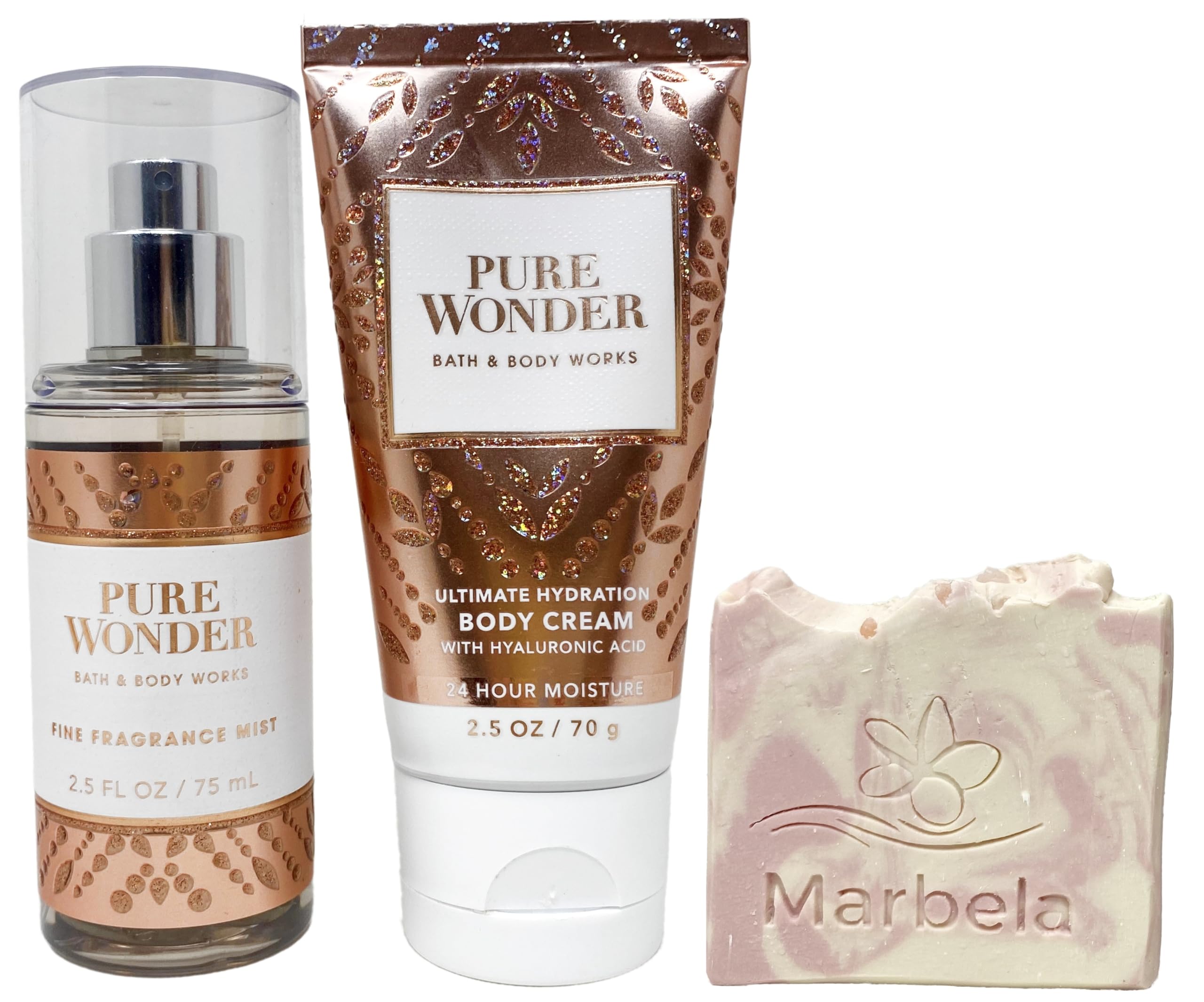 Bath & Body Works Pure Wonder -Duo Set Travel Size- Fine Fragrance Mist and Ultimate Hydration Body Cream With a Himalayan Salts Springs Sample Soap.