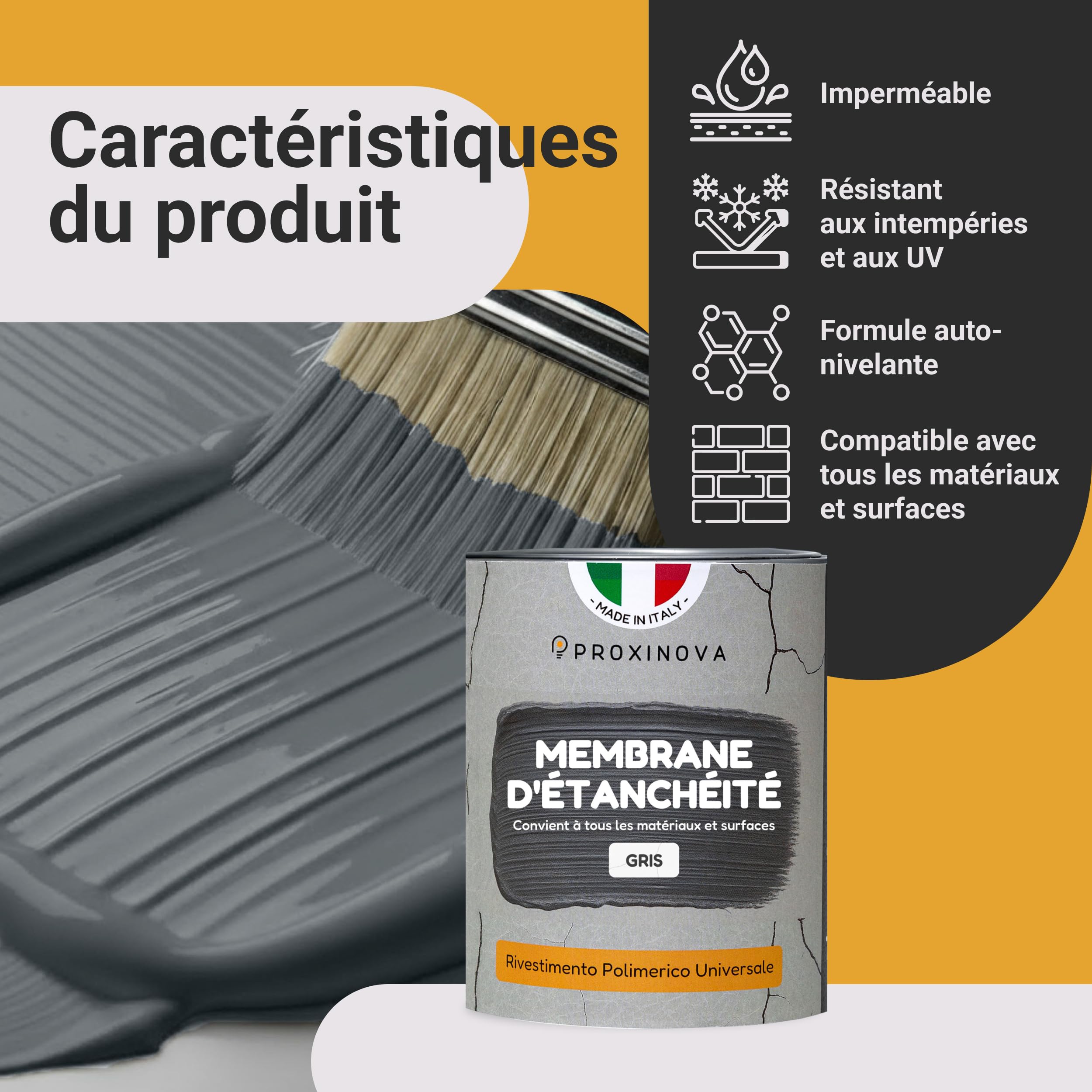 Produit Étanchéité Scellant Imperméable Liquide Gris 1500 ml PROXINOVA Résine Universelle pour Toitures, Murs Extérieurs, Cheminées, Gouttières, Résistante UV, Répare Fuites, Facile à Appliquer