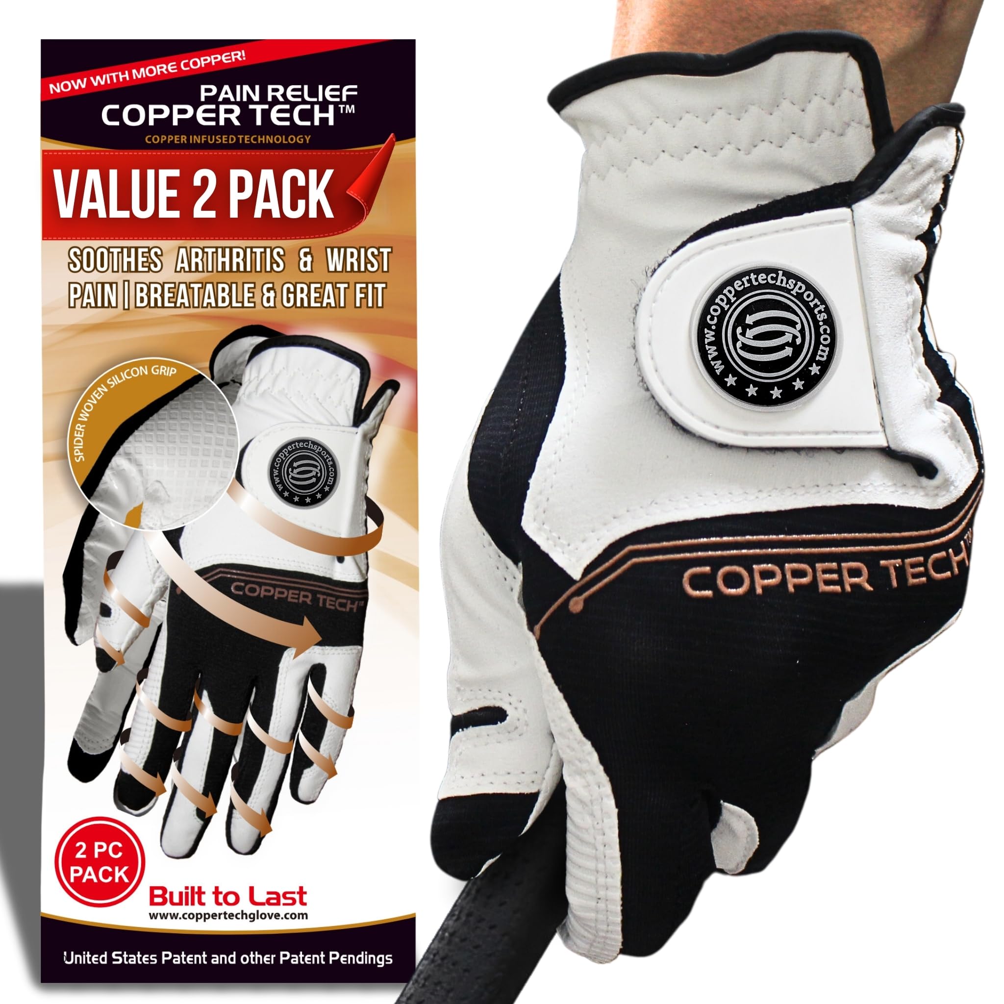 Copper Tech Golf Gloves Men Right Handed Golfer Or Left Handed Golfer (2 Pack) | Copper Compression Joint Support with Flexible & Comfortable Fit | AAA Leather Construction & Tacky Silicone Pad