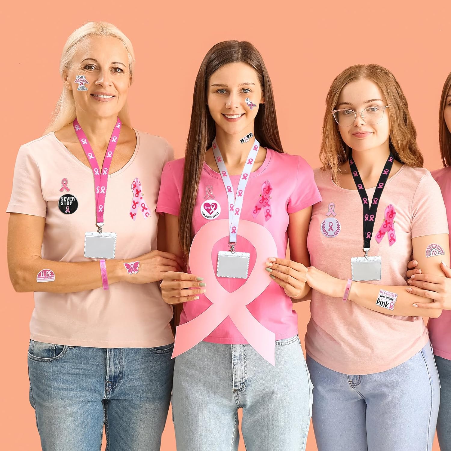 220 Pcs Breast Cancer Awareness Accessories Bulk Pink Ribbon Lanyard Silicone Bracelets Wristband Pink Ribbon Pin Button Badge Stickers for Women Survivor Charity Breast Cancer Month Item Gifts