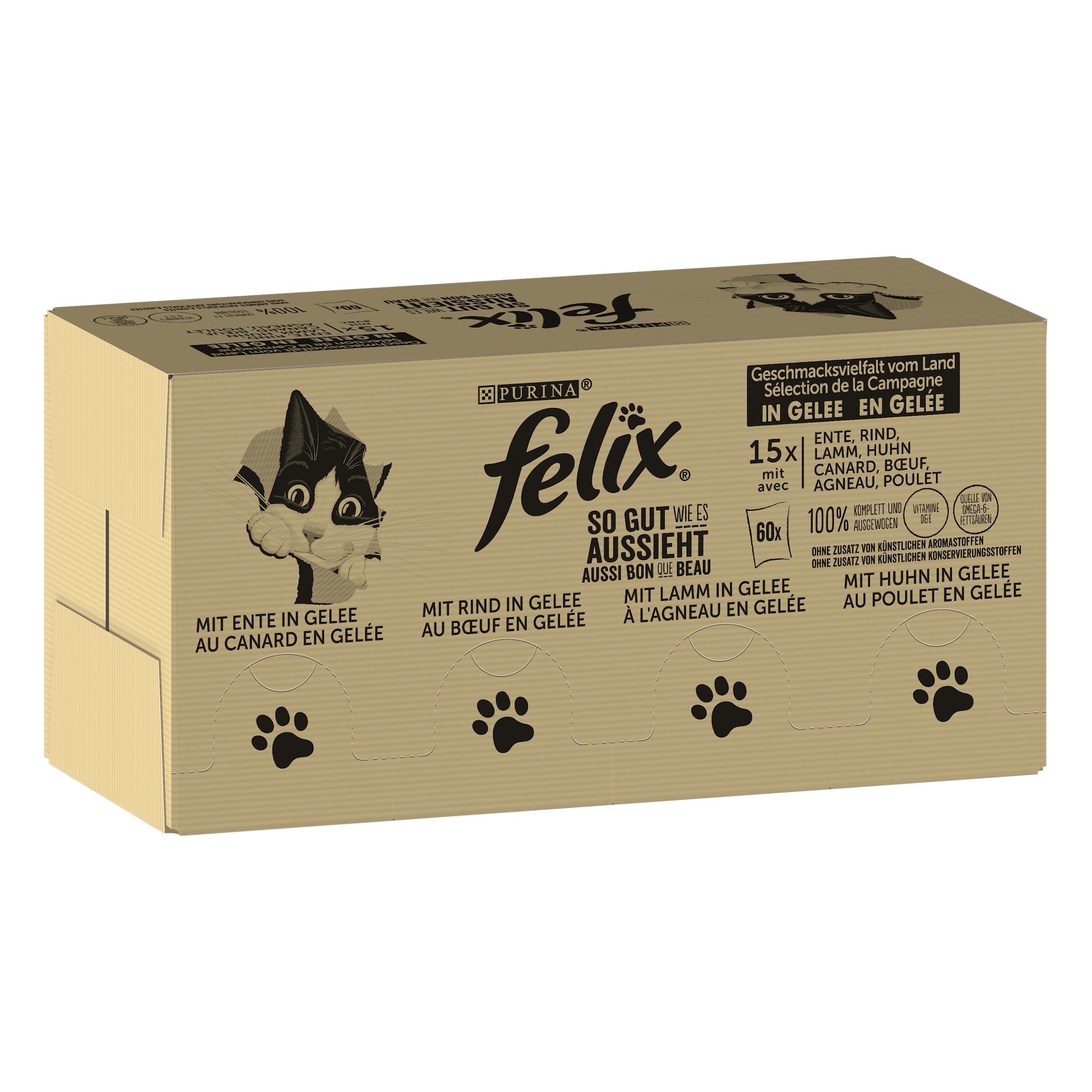 Felix Fantastic Wet Cat Food Feast Flavor Pack, 120 Easy Serve Sachets, Tender Jellied Chunks, 4 Delicious Flavors, 100% Complete and Balanced Nutrition