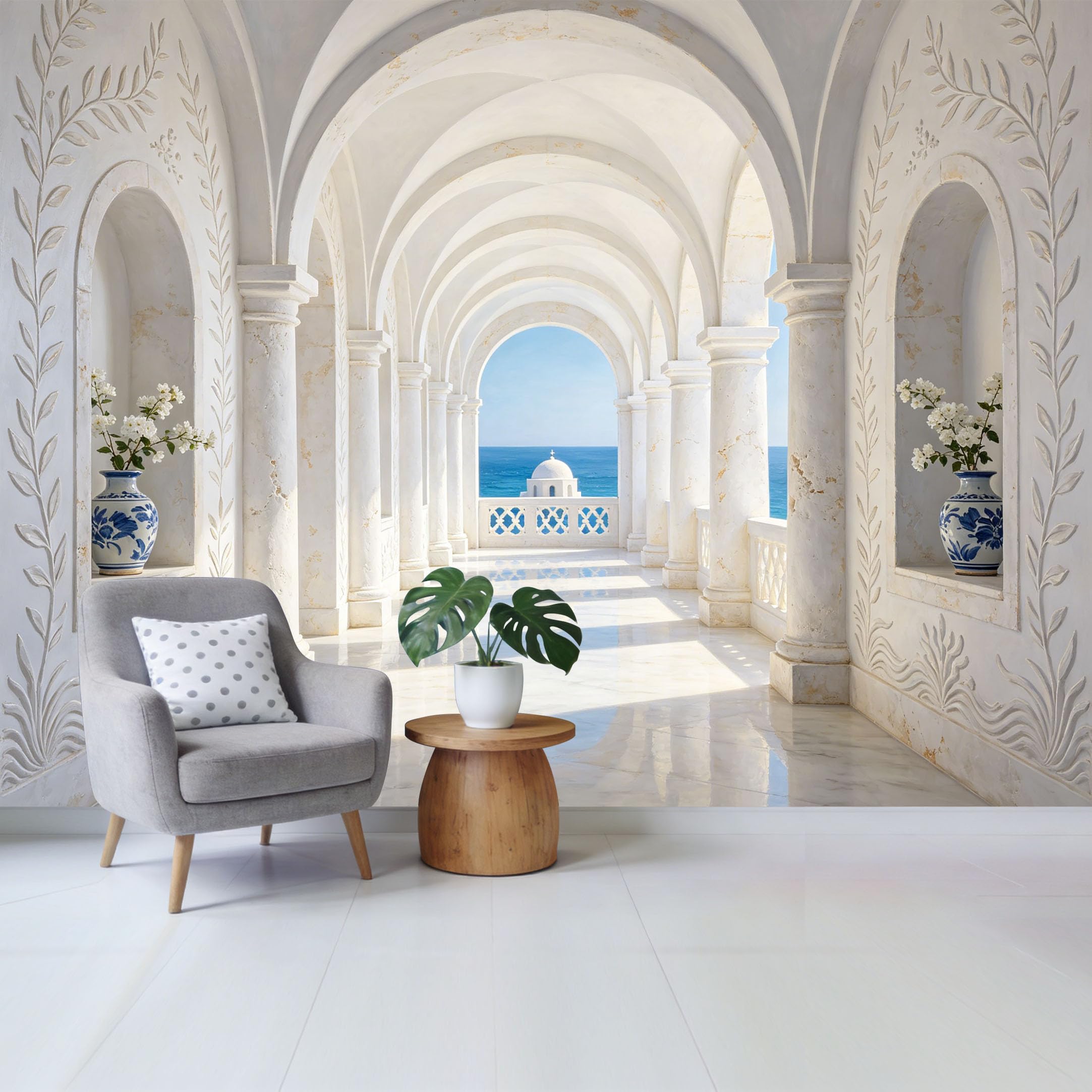 Removable Self Adhesive Fabric Mural， Mediterranean Coastal Architectural Arch Custom Size Wall Covering， UV Protected Waterproof Washable Wall Decor for Living Room Bedroom Bathroom
