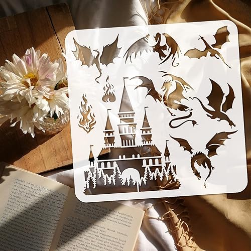 Miniatura 3 de FINGERINSPIRE Plantilla de dragones de 11.8 x 11.8 pulgadas, plantilla de pintura de castillo de castillo de dragón occidental, plantilla