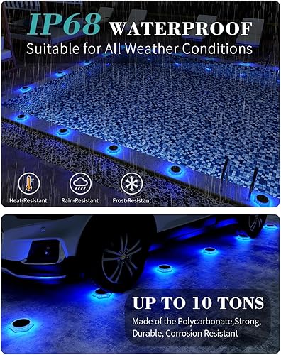 Miniatura 3 de Paquete de 6 luces solares para entrada al aire libre IP68 impermeables, luces azules para escalones de cubierta alimentadas por energía solar,